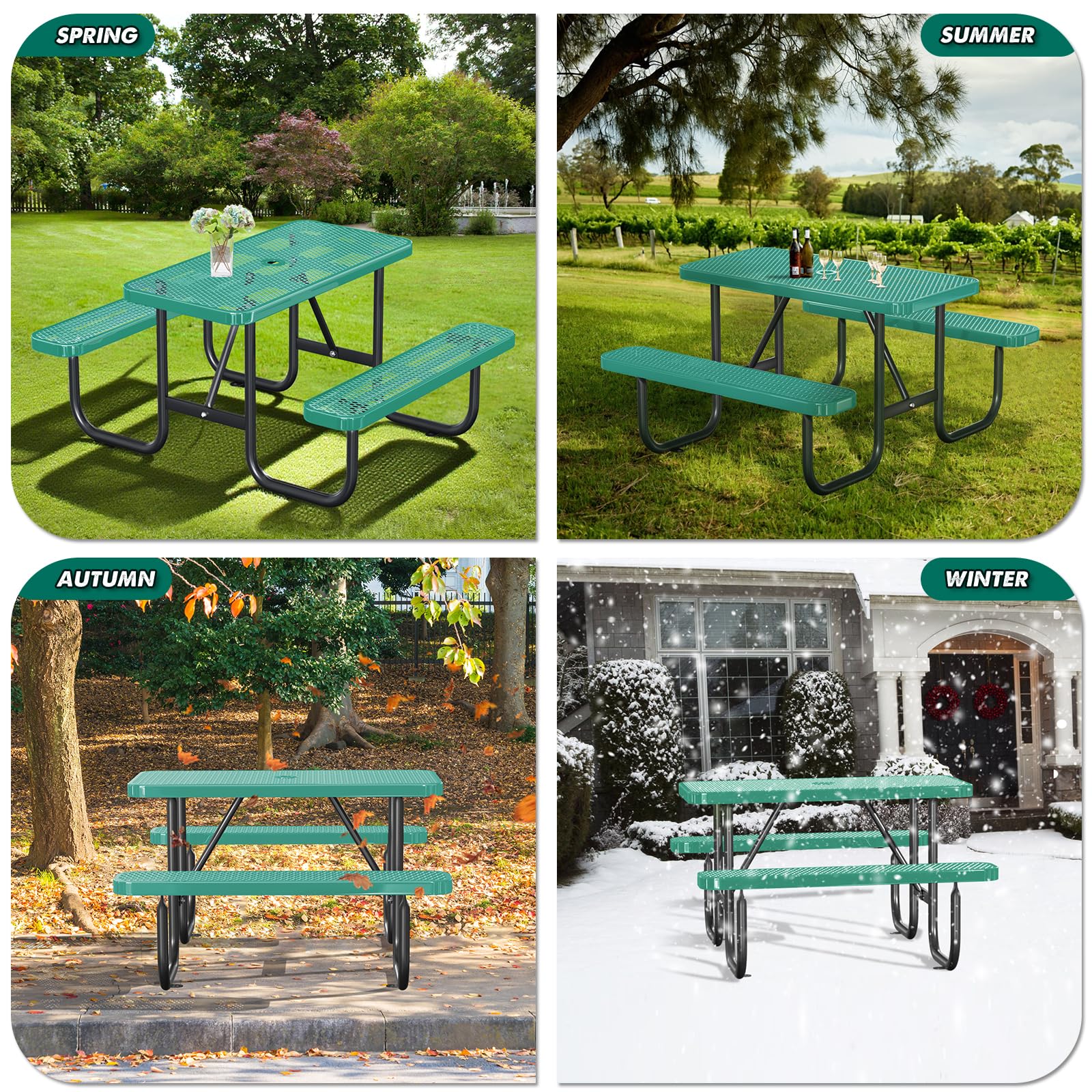 Gaonala 4FT/48IN Heavy Duty Outdoor Picnic Table and 2 Benches for 2-6 People, Weather Resistant Rectangular Steel Picnic Table Set with Umbrella Hole for Yard Patio Lawn Party Green