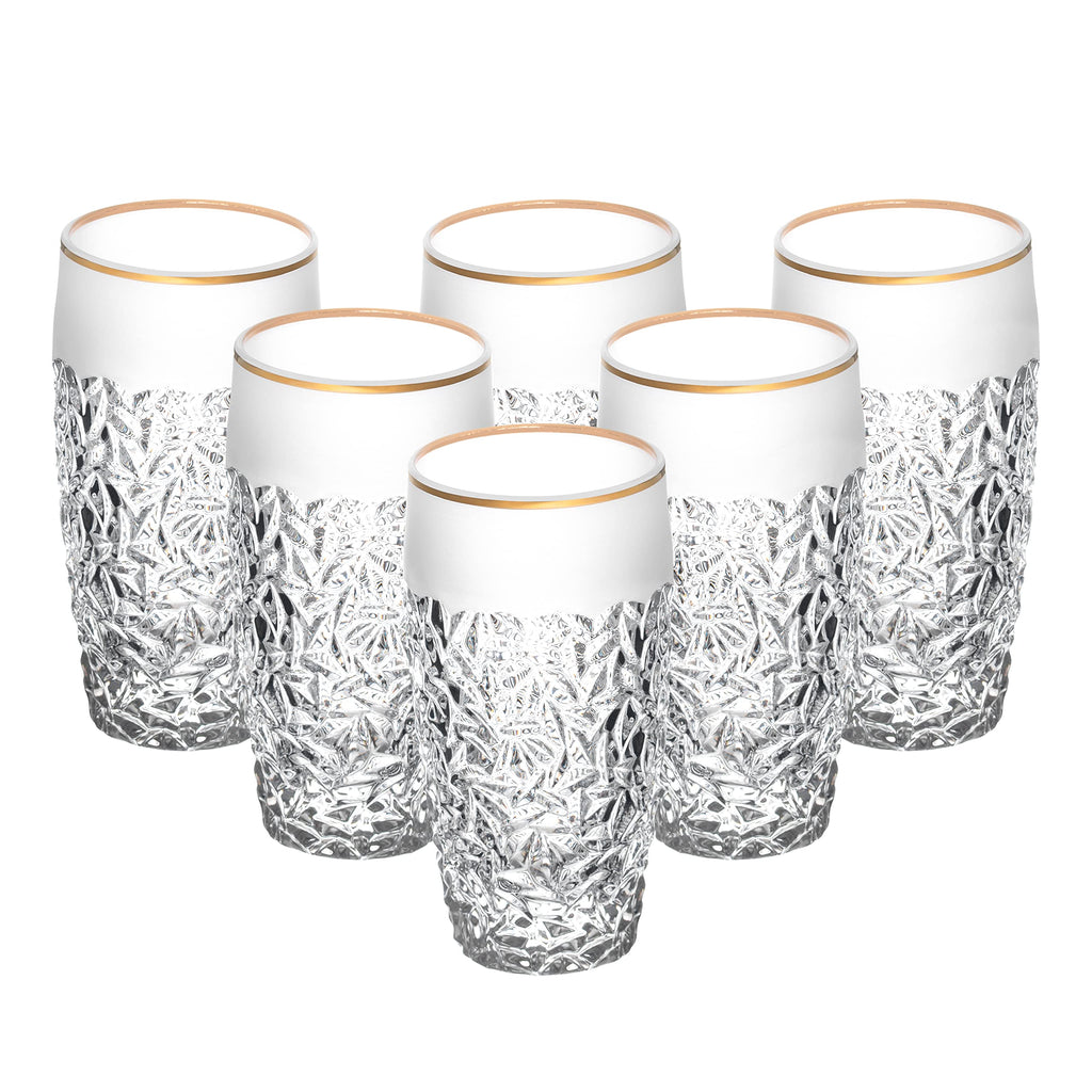 Barski - European Quality Glass - Crystal - Set of 6 - Highball - Hiball Tumblers - 16 oz. - Raindrop Design with Frosted Border and Gold Rim on Tumbler - Glasses are Made in Europe