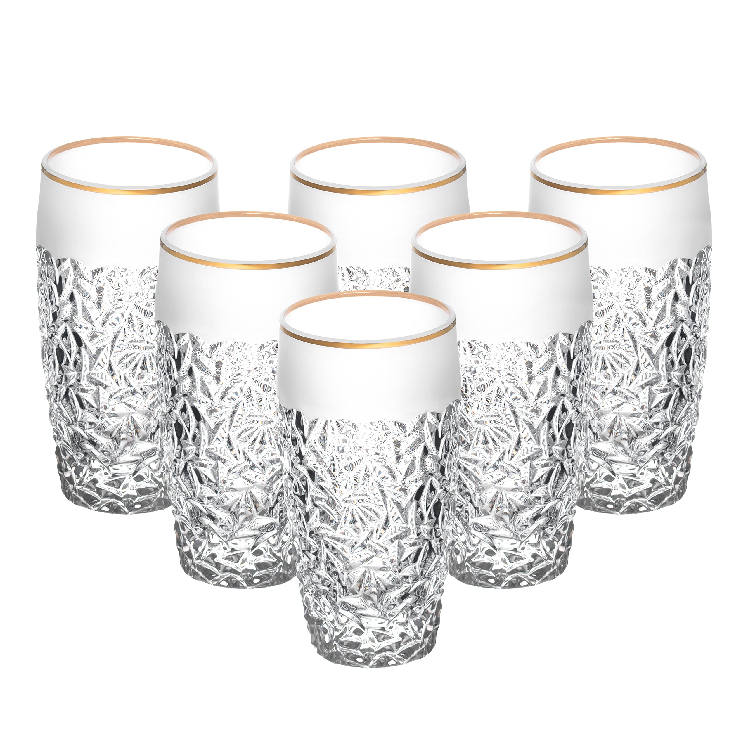 Barski - European Quality Glass - Crystal - Set of 6 - Highball - Hiball Tumblers - 16 oz. - Raindrop Design with Frosted Border and Gold Rim on Tumbler - Glasses are Made in Europe