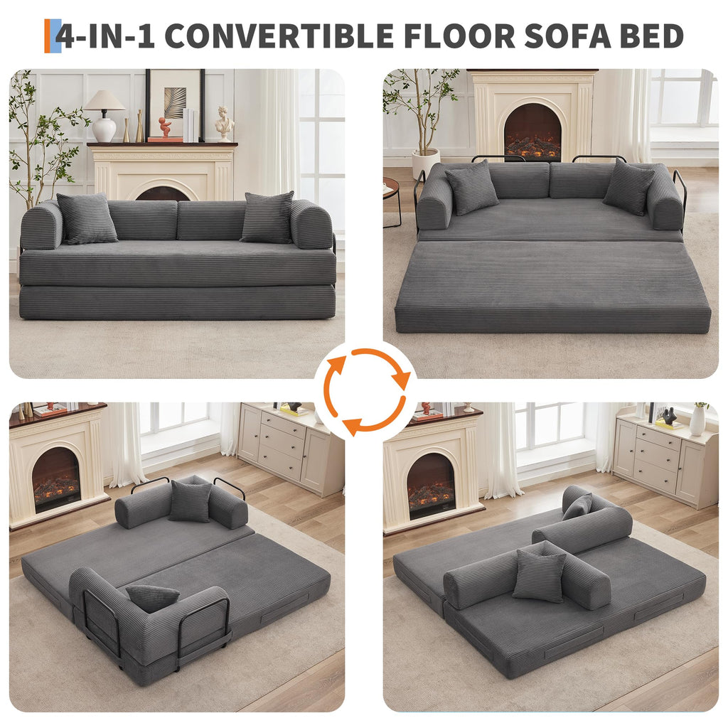 IDEALHOUSE 4 in 1 Convertible Sleeper Sofa Bed Couch, 79 Inch Boneless Corduroy Floor Couch with Pillows, No Assembly, Modern Deep Seat Sofa Futon Mattress for Living Room,Apartment,Gray