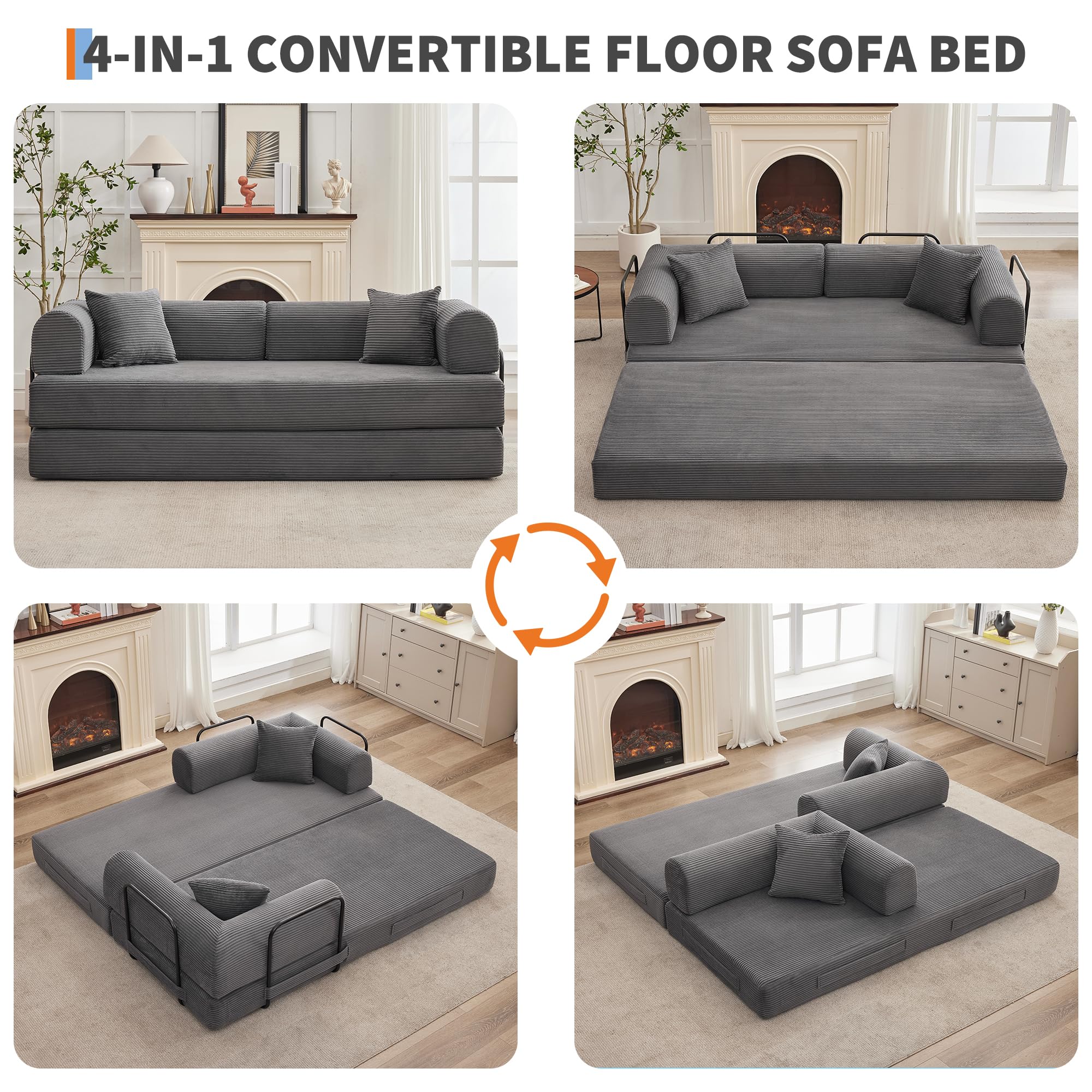 4 in 1 Convertible Sleeper Sofa Bed, 78.7" Boneless Corduroy Floor Couch with Pillows, Folding Futon Loveseat, Deep Seat Pull Out Sofa for Living Room, Apartment, Bedroom, No Assembly Required, Gray