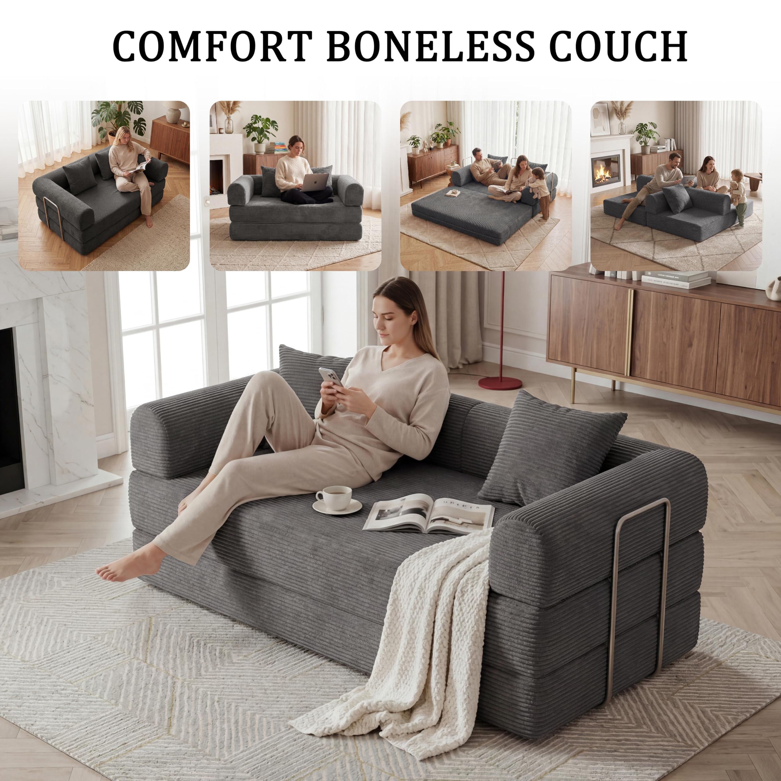 HouseMila 59" Boneless Couch,4-in-1 Futon Sofa Bed Modular Loveseat Sleeper Folding Compressed Couch with Pillows,No Assembly Required Convertible Sofa Bed for Living Room Bedroom Guest Room,Grey