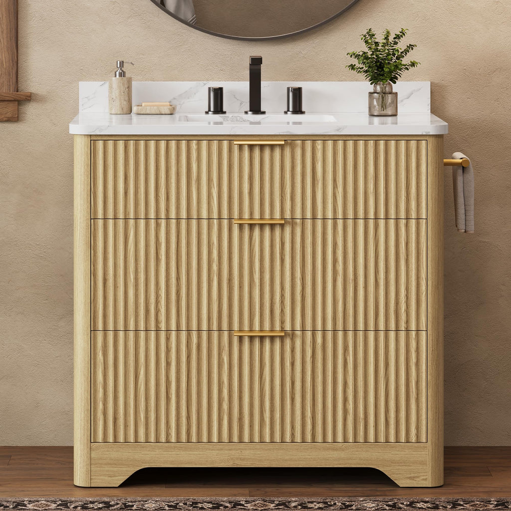 IRONCK 36 inch Bathroom Vanity with Ceramic Sink, Freestanding Wood Grain Sink Cabinet with 3 Storage Drawers (2 Standard + 1 Flip-Down), Farmhouse