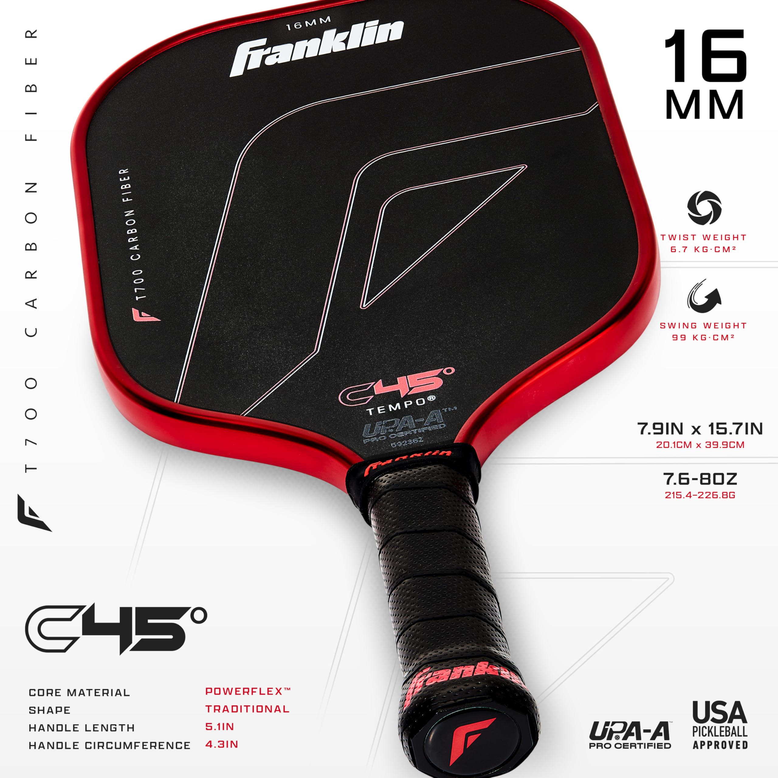 Franklin Sports PRO Pickleball Paddles – C45 Carbon Fiber Series - Official USAP + UPA Approved – Pro Player Design, TEMPO 16MM RED