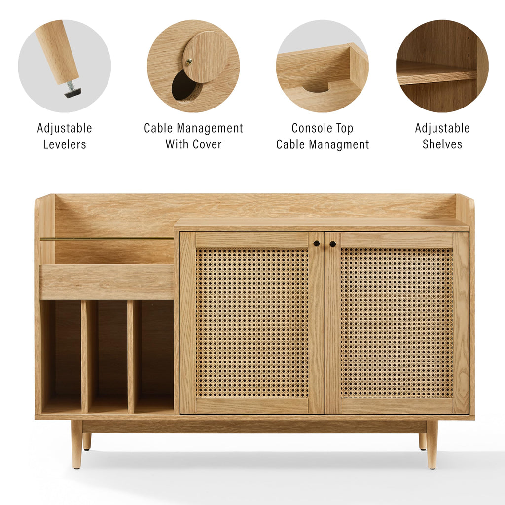 Crosley Furniture Maeve Record Player Cabinet, Vinyl Storage, Rattan Turntable Stand for Records, Ash