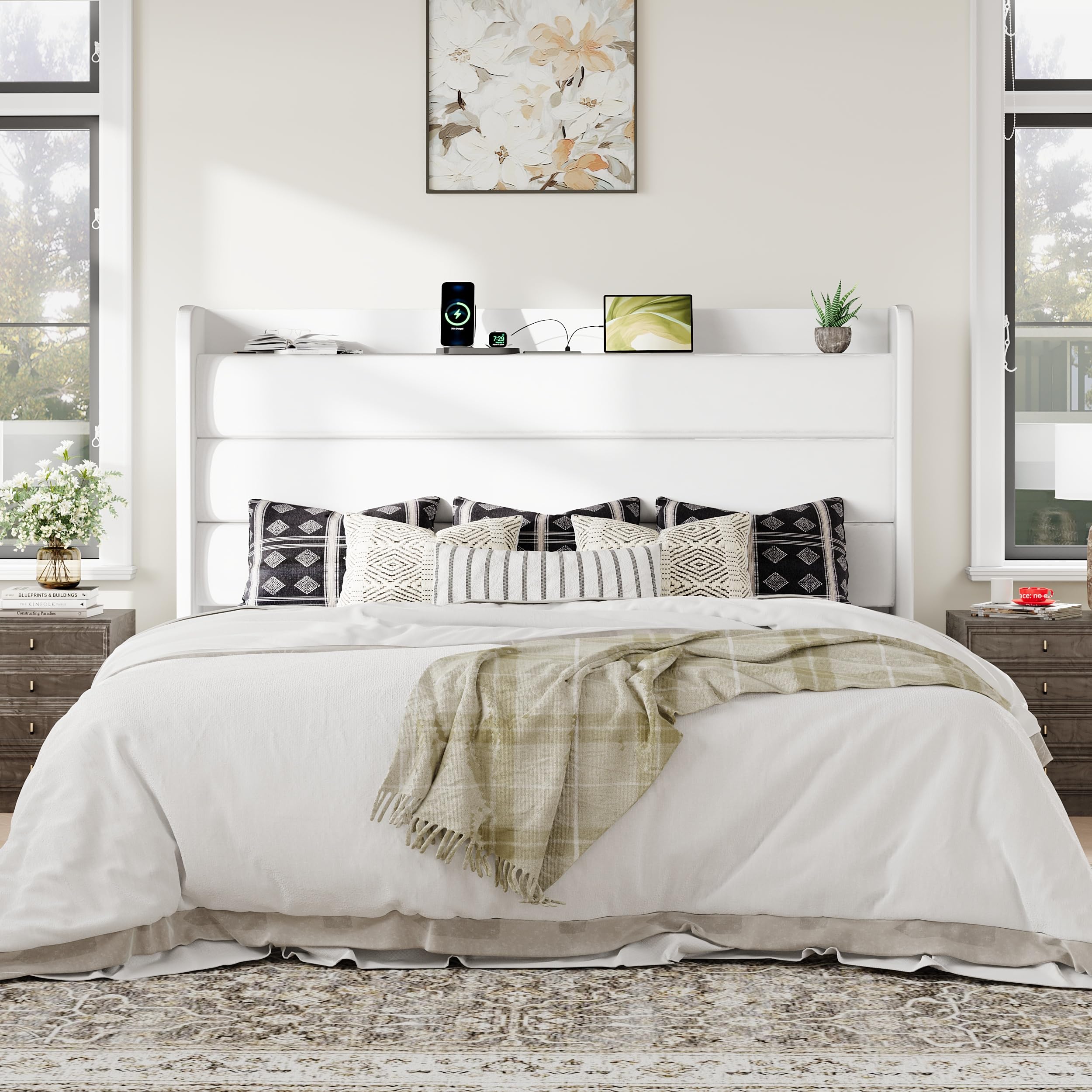 Allewie King Size Upholstered Bed Frame with Charging Station & Storage Headboard, Soft Velvet Wingback Platform Bed, Strong Wooden Slats Support, No Box Spring Needed, Easy Assembly, White