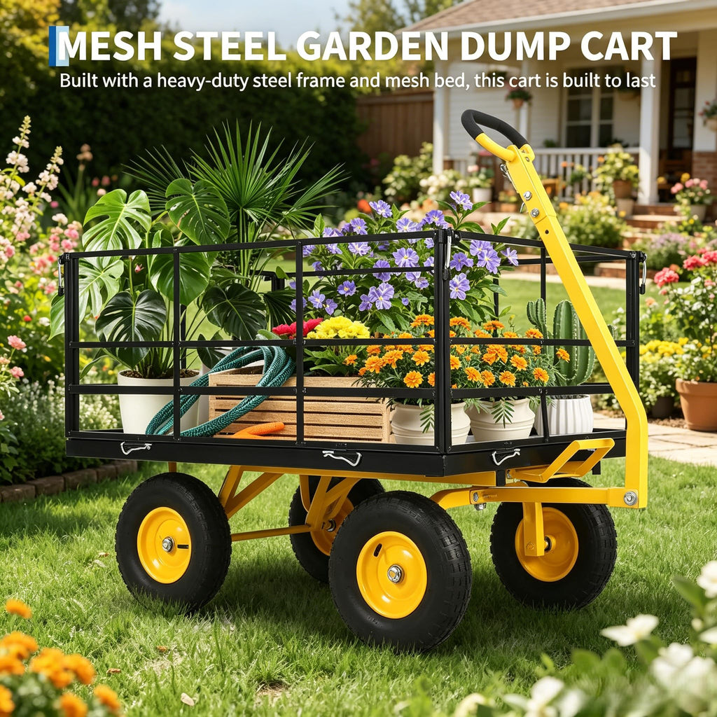 1500Lbs Steel Mesh Garden Cart, Heavy-Duty Utility Wagon with Removable Sides, Outdoor Wagon with Rubber Tire and Handle for Gardening Soil, Tools and Plant Transport(Green)