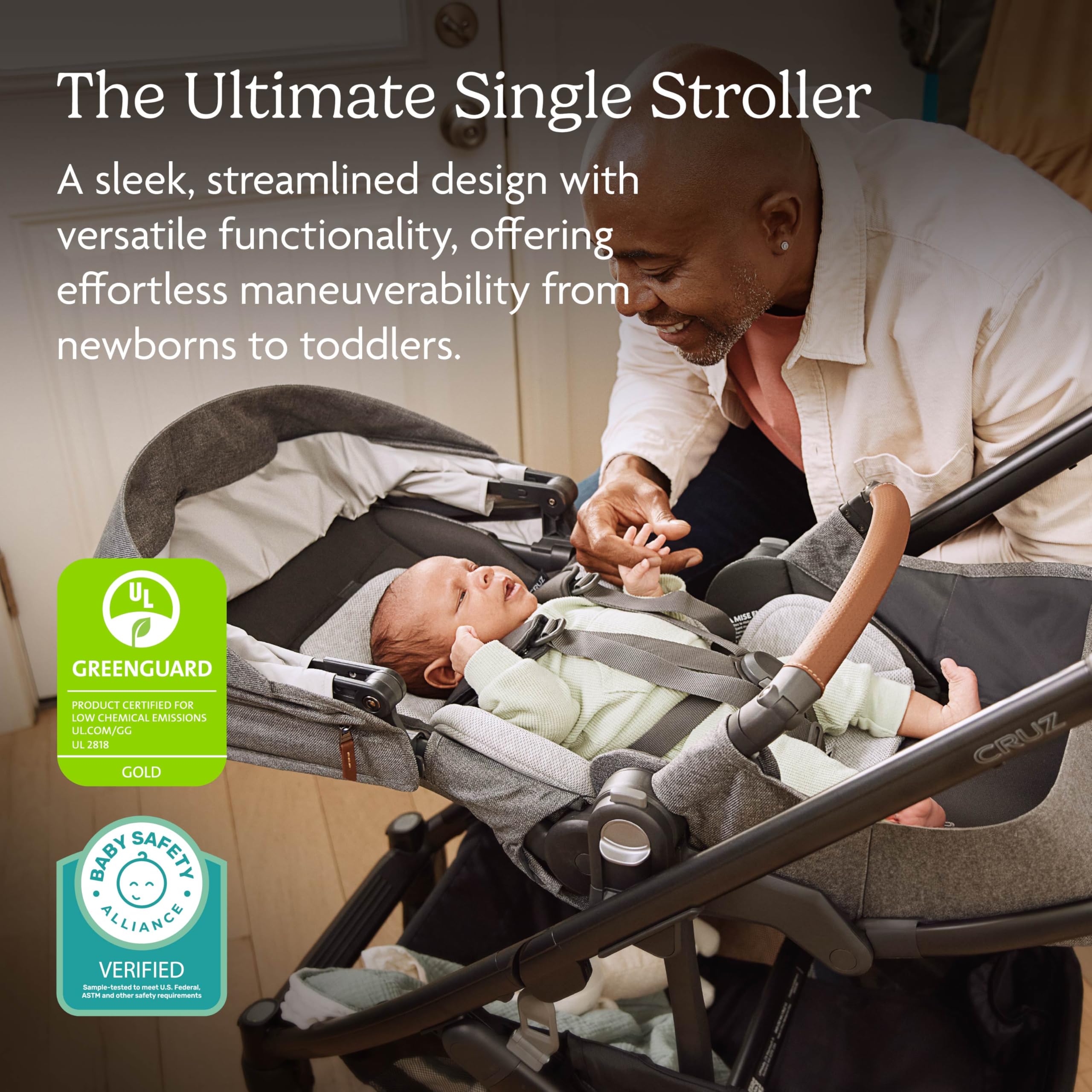 UPPAbaby Cruz V3 Stroller - from Birth + Car Seat Compatible - Full-Size, Reversible Seat - Infant Insert, Bug and Rain Shields Included - Owen (Mocha Mélange/Carbon Frame/Chestnut Leather)
