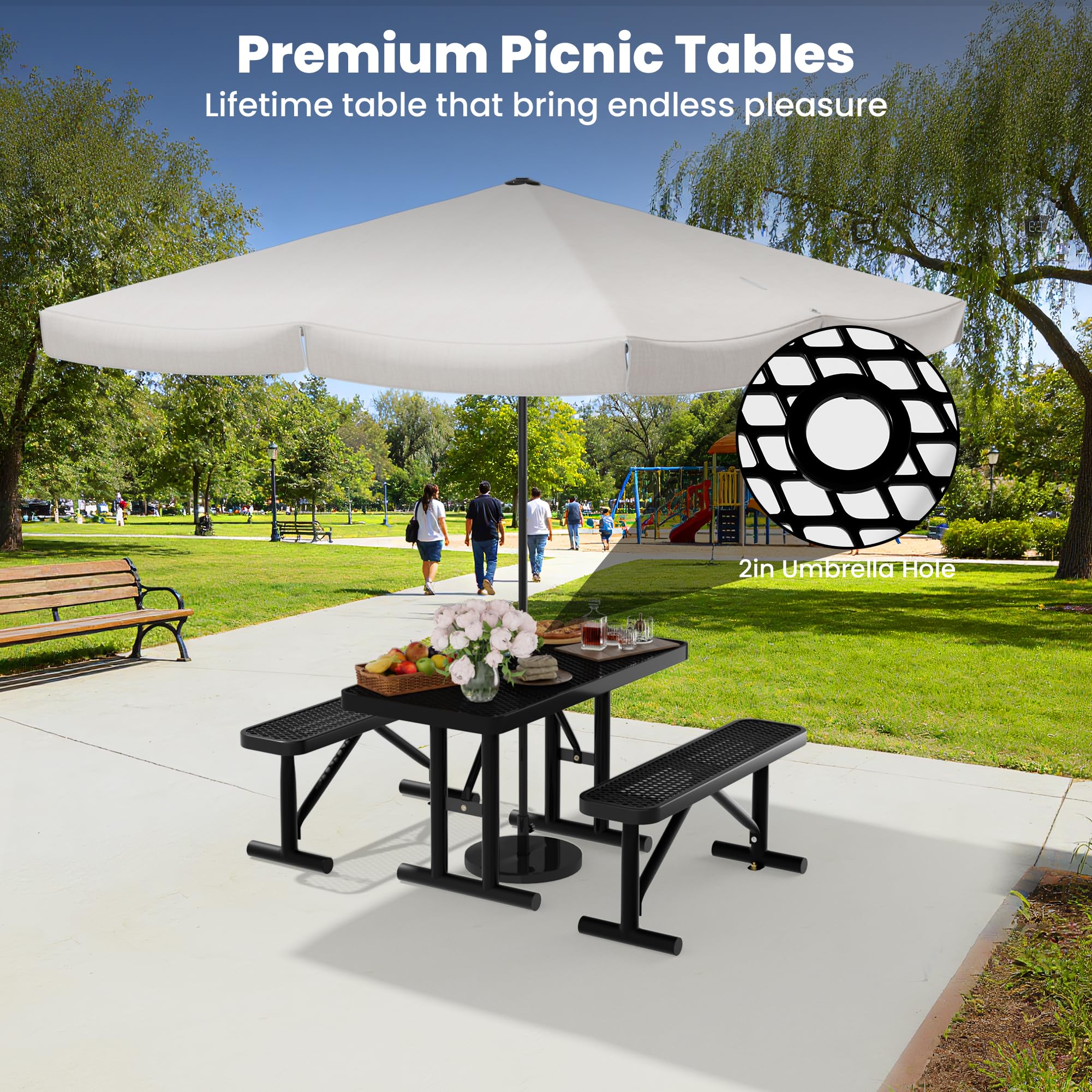 Sunnibety 4FT Metal Picnic Tables for Outdoors, Commercial Rectangular Picnic Table for Outside, Park, Campfield, Patio, Garden, Yard, Thermoplastic Coating, Surface Mounted, Black