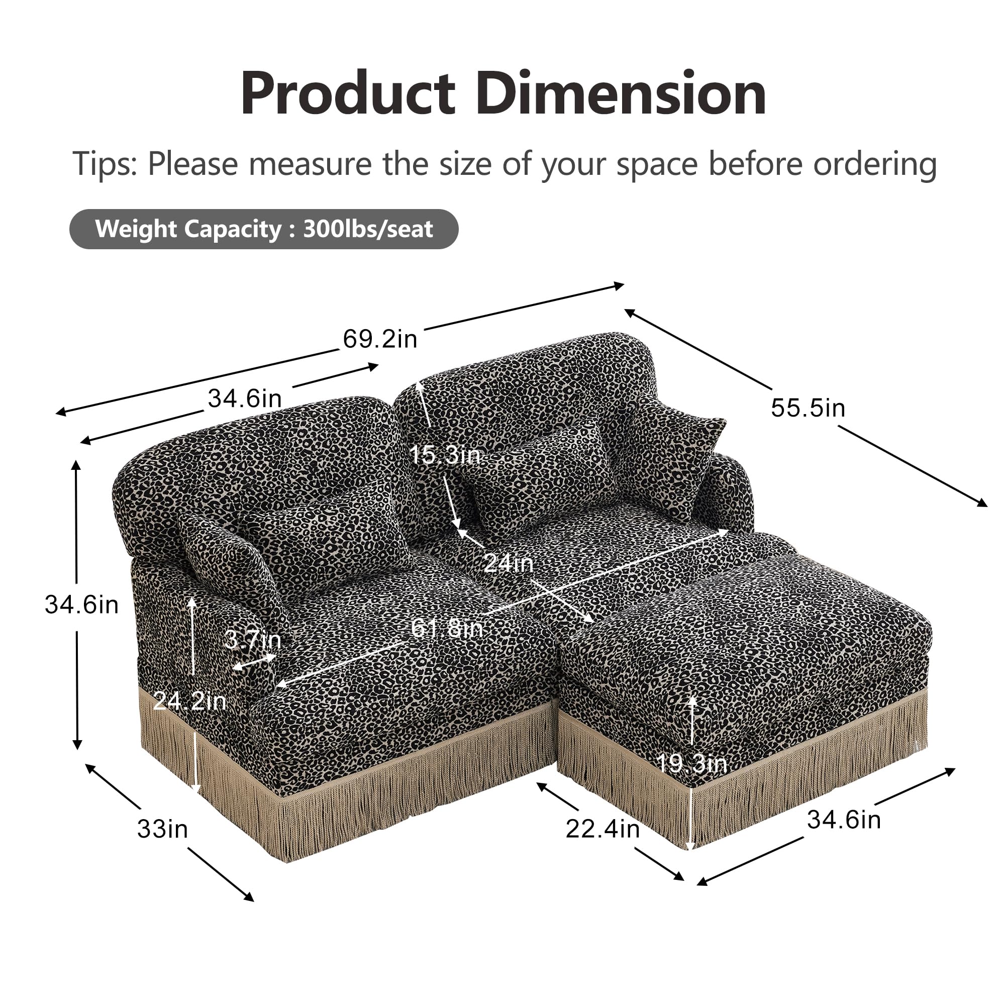 KEIKI 69.2" L Shaped Loveseat Sofa with Ottoman, Modular Chenille Leopard Print Couch with Tassel Trim, Deep Seat Sectional Sofa for Bedroom Lounge Setup