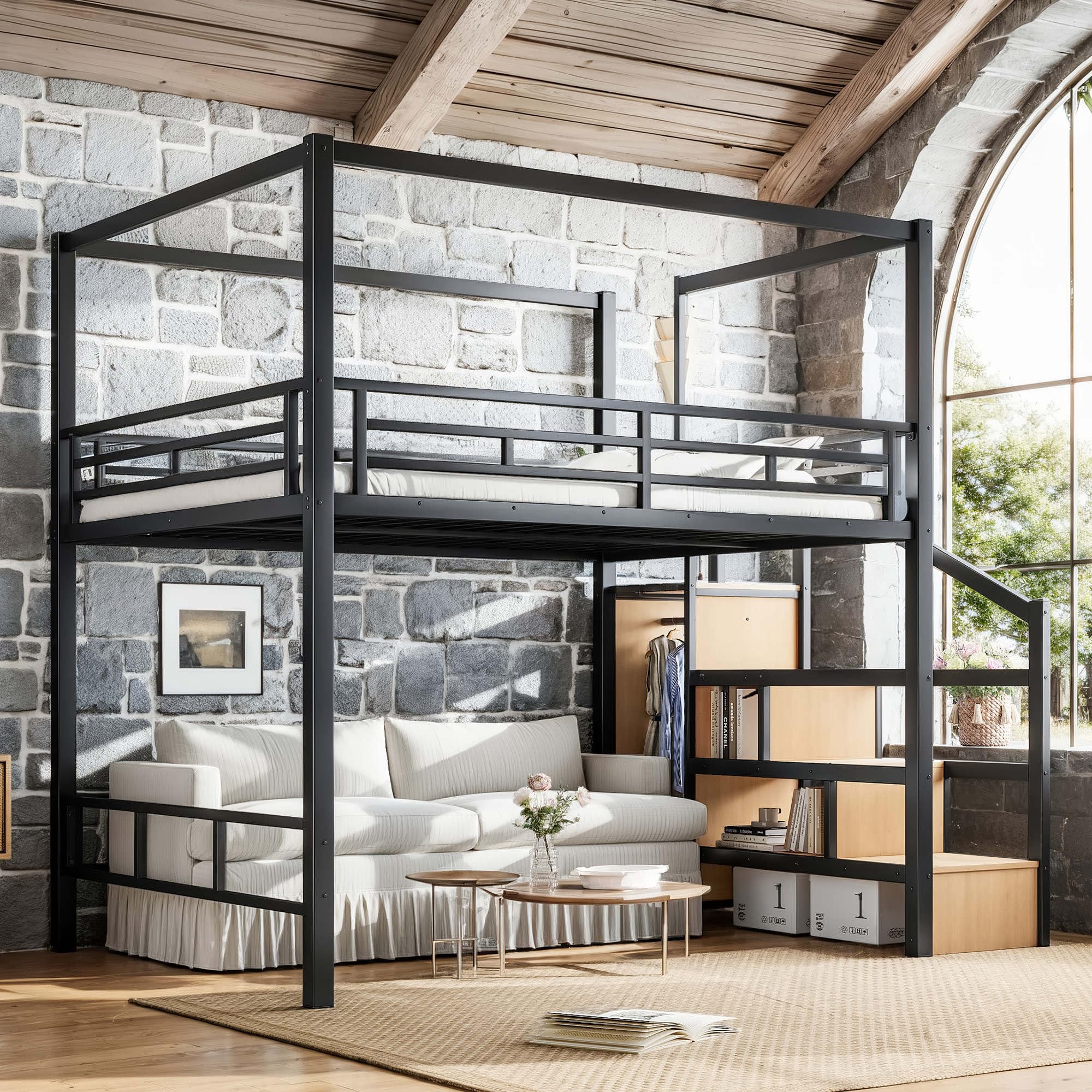 KEIKI Queen Size Metal Loft Bed Frame with with Canopy Frame & Storage Staircase & Wardrobe, Modern Loft Bed with Solid Slats & Guardrail, No Box Spring Required, Easy Assembly, for Bedroom, Black