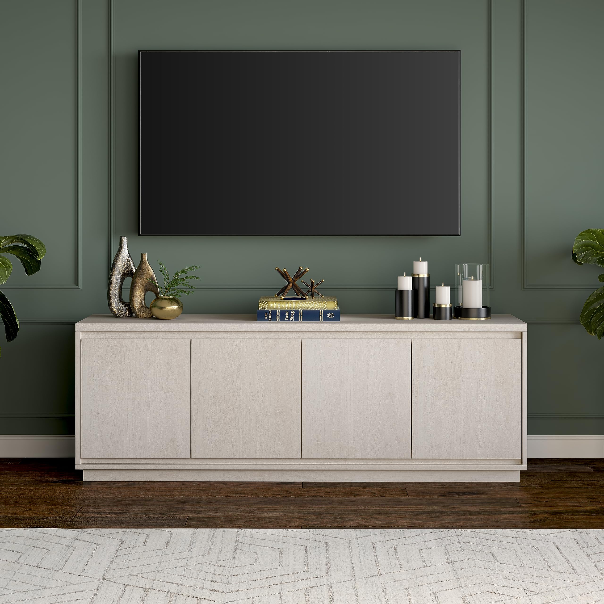Henn&Hart TV Stand for TVs up to 75'' with 2 Concealed Storage Cabinets and Adjustable Shelves for Living Room, Family Room, or Office, Alder White