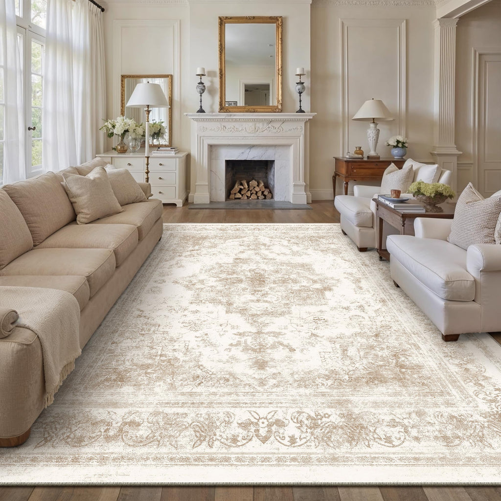 PureCozy Area Rug 10x14 Cream Washable Living Room Beige Carpet Non Slip Vintage Medallion Indoor Bedroom Beige Carpet Low Pile Soft Retro Distressed Large Rug Home Office Dining Room Playroom