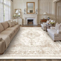 PureCozy Area Rug 10x14 Cream Washable Living Room Beige Carpet Non Slip Vintage Medallion Indoor Bedroom Beige Carpet Low Pile Soft Retro Distressed Large Rug Home Office Dining Room Playroom