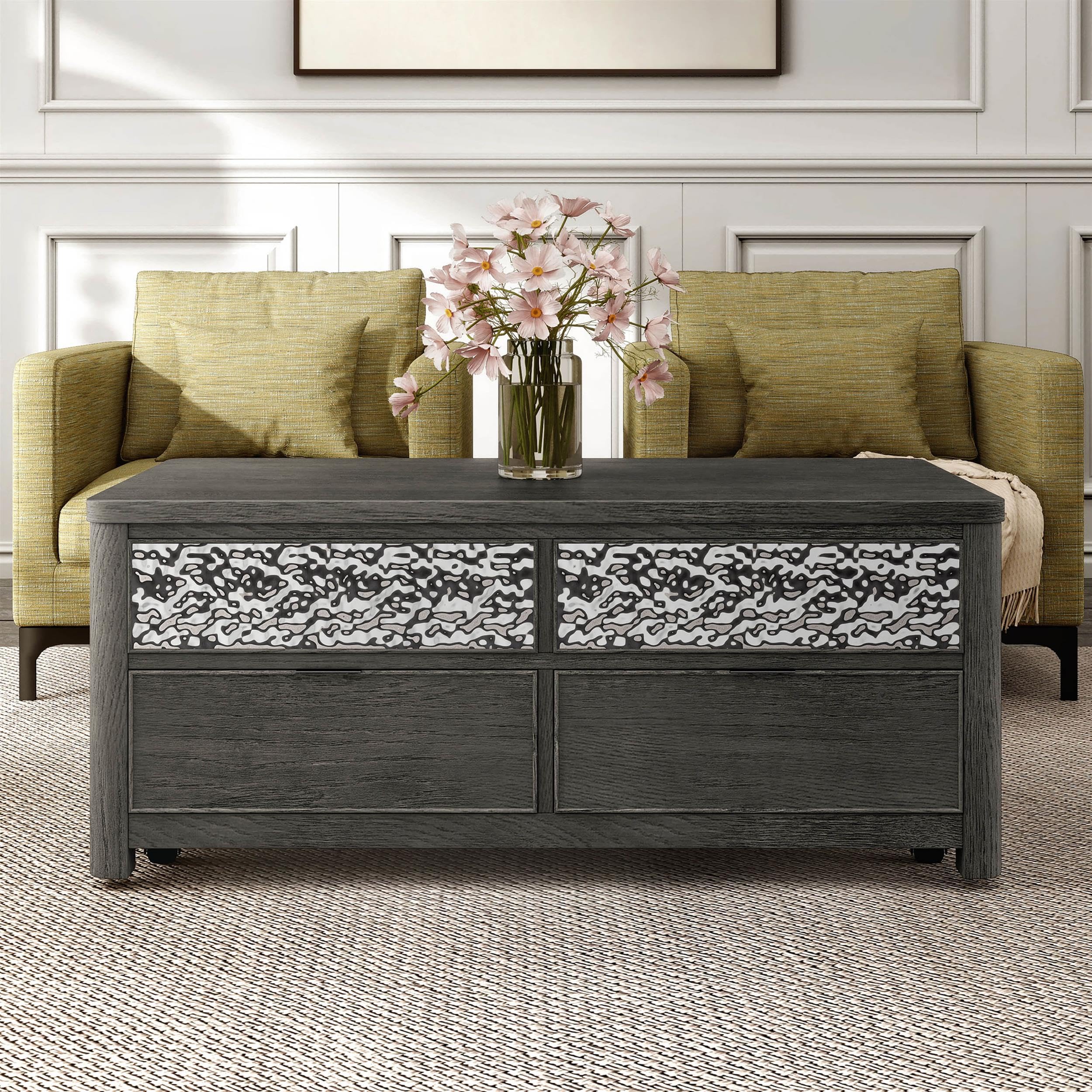Furniture of America Selyra Modern Contemporary Solid Wood 46-inch Lift-top Rectangular Coffee Table with Dented Stainless Steel Accents, Wire Brush and Ball-Bearing Glides for Living Room, Ash Gray