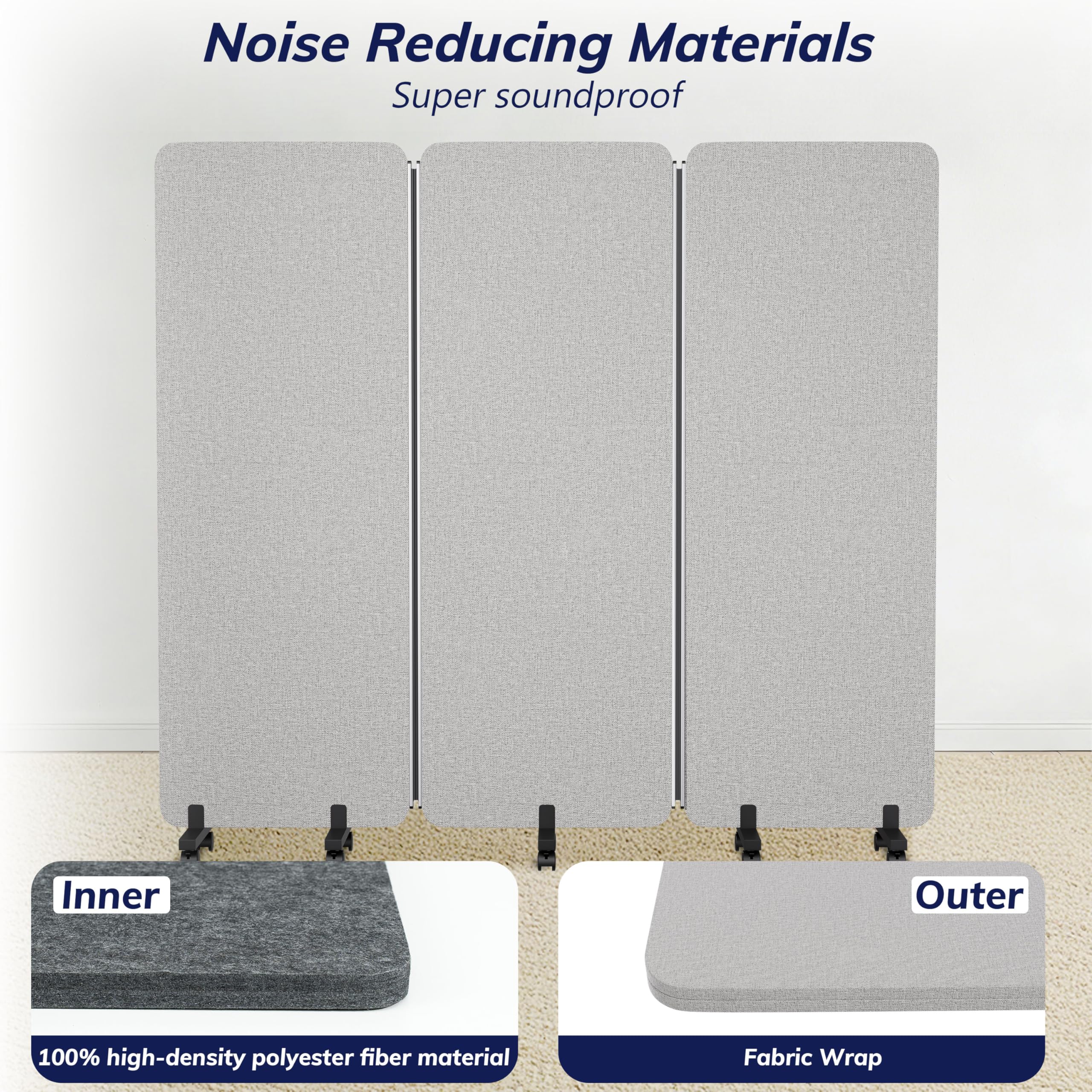 KERRAM 3 Panel Foldable Office Partitions, Mobile Cubicle Wall with Wheels, 71 x 66 Inch Noise Cancelling & Sound Proof Room Dividers Partition Wall, Aluminum Frame Gray