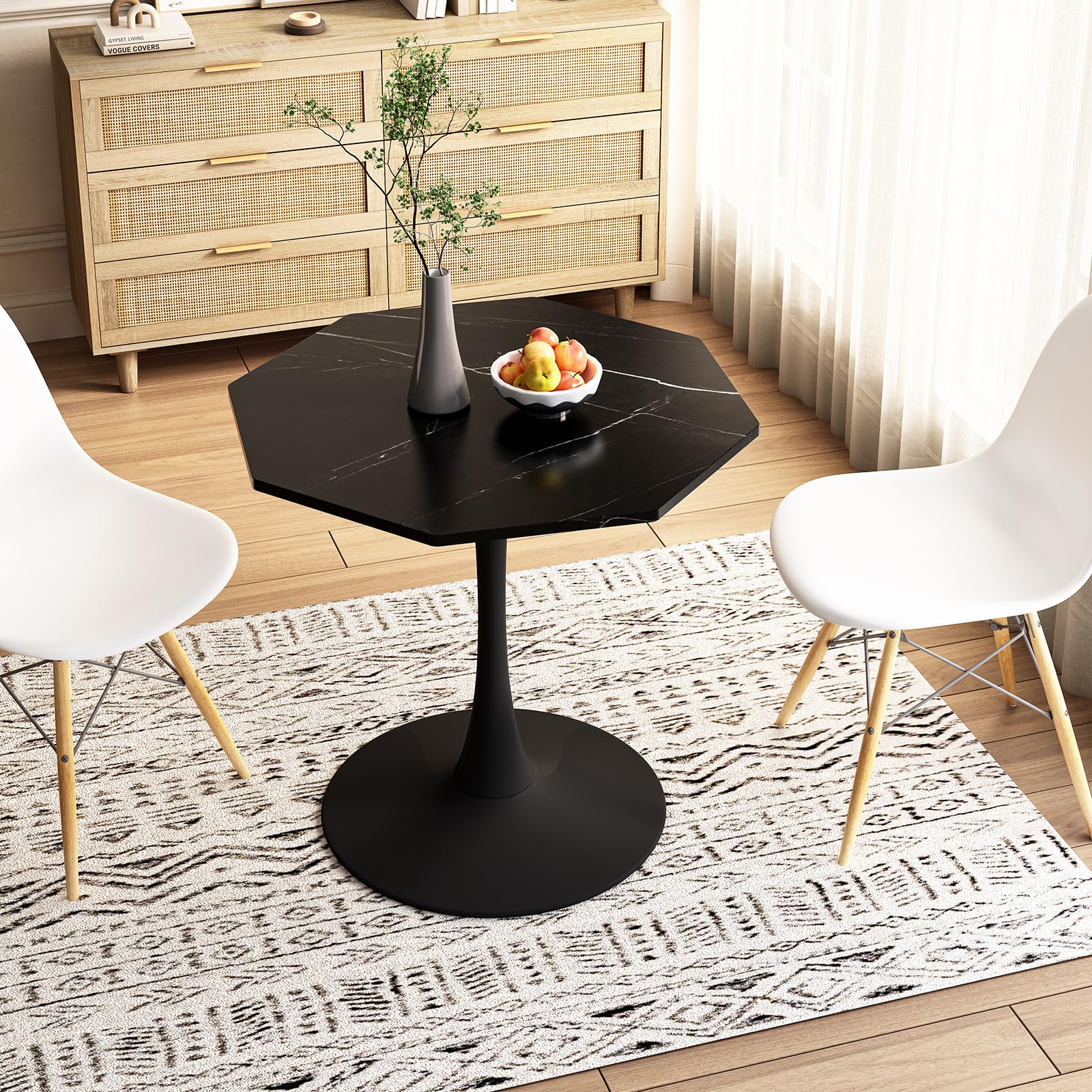 SPOFLYINN 31.50" Modern Octagonal Coffee Table with Printed White Marble Table Top Metal Base for Dining Room Kitchen Living Room Marble