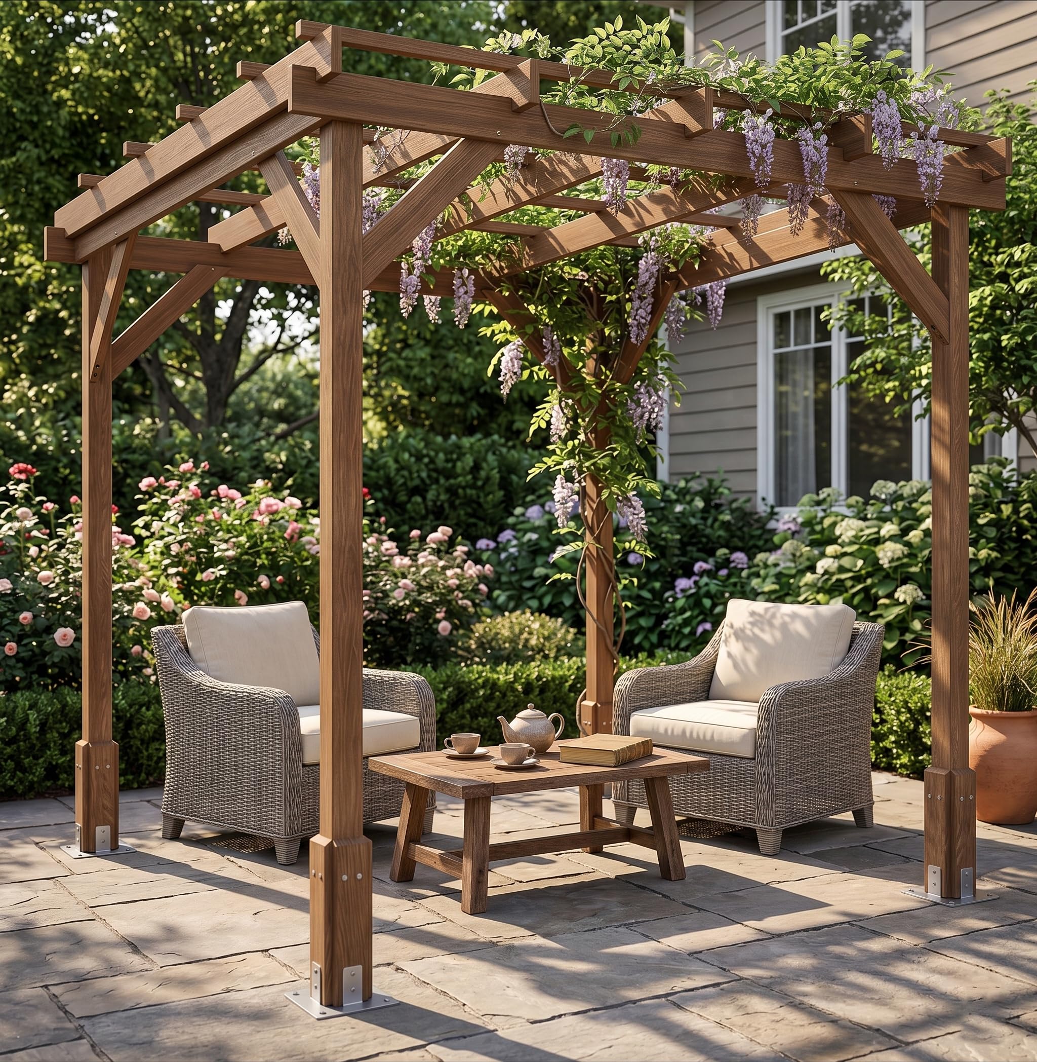 6.5x6.5 FT Outdoor Wood Pergola, Natural Fir Wood Patio Pergola with Reinforced Frame, Open Roof for Climbing Plants, Garden Backyard Deck Shade Structure, Dark Brown