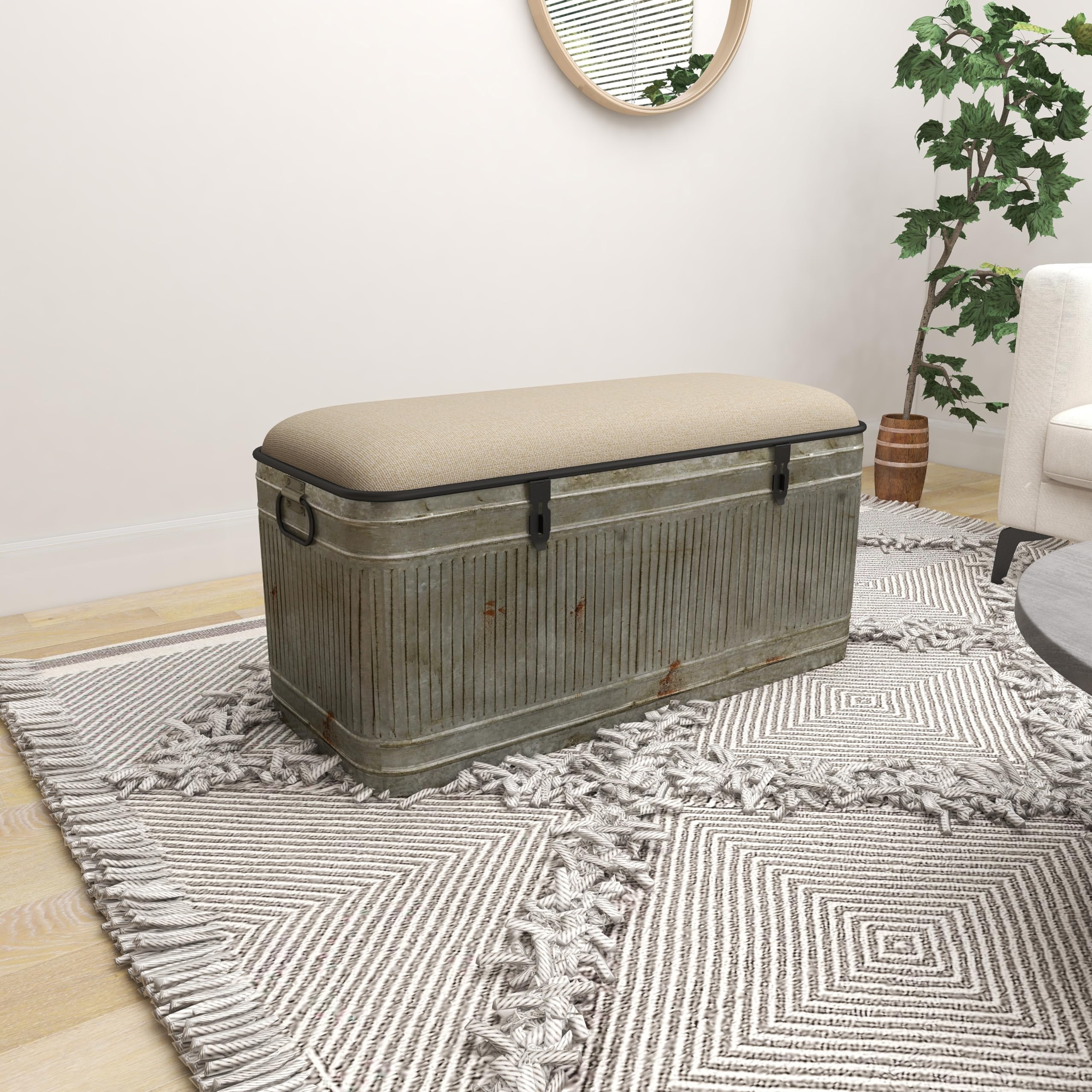 Deco 79 Metal Room Storage Bench Galvanized Entryway Bench with Cream Burlap Top and Black Latches, Bench 38" x 16" x 19", Gray