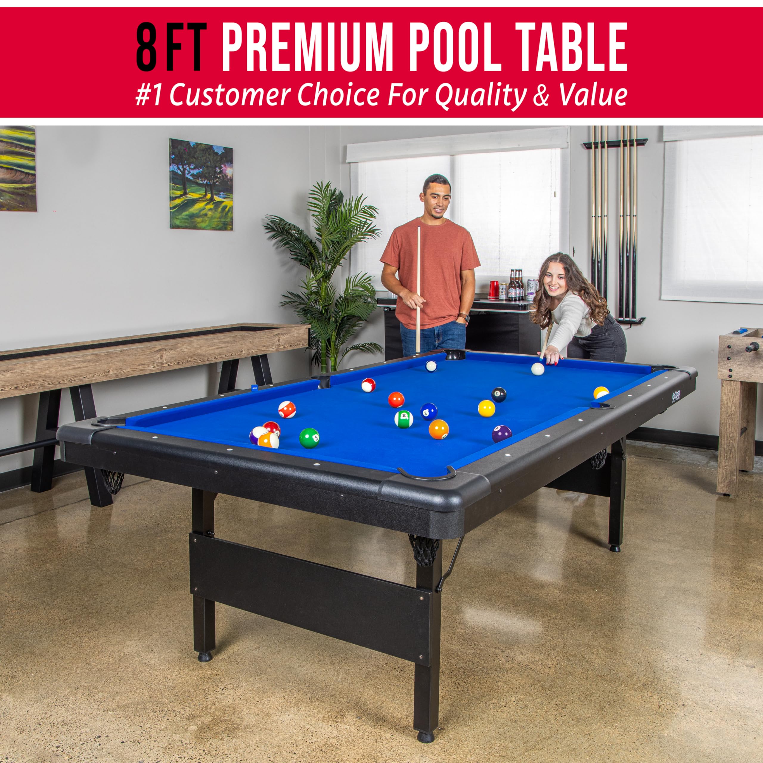 GoSports Full Size 8 ft x 4.2 ft Billiards Game Table - Foldable Design, Includes Full Set of Pool Balls, 2 Cue Sticks, Chalk, and Felt Brush - Blue
