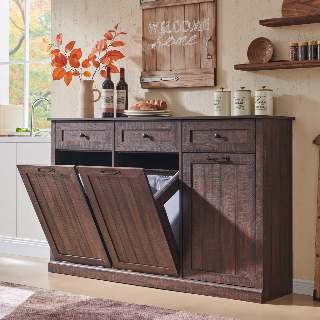 IFBUY Triple Tilt Out Laundry Hamper Cabinet, 20 Gallon Farmhouse Trash Can Cabinet w/Drawer & Adjustable Shelf, Hidden Garbage Can Bin Cabinets w/Laundry Basket for Bathroom, Kitchen (Brown)