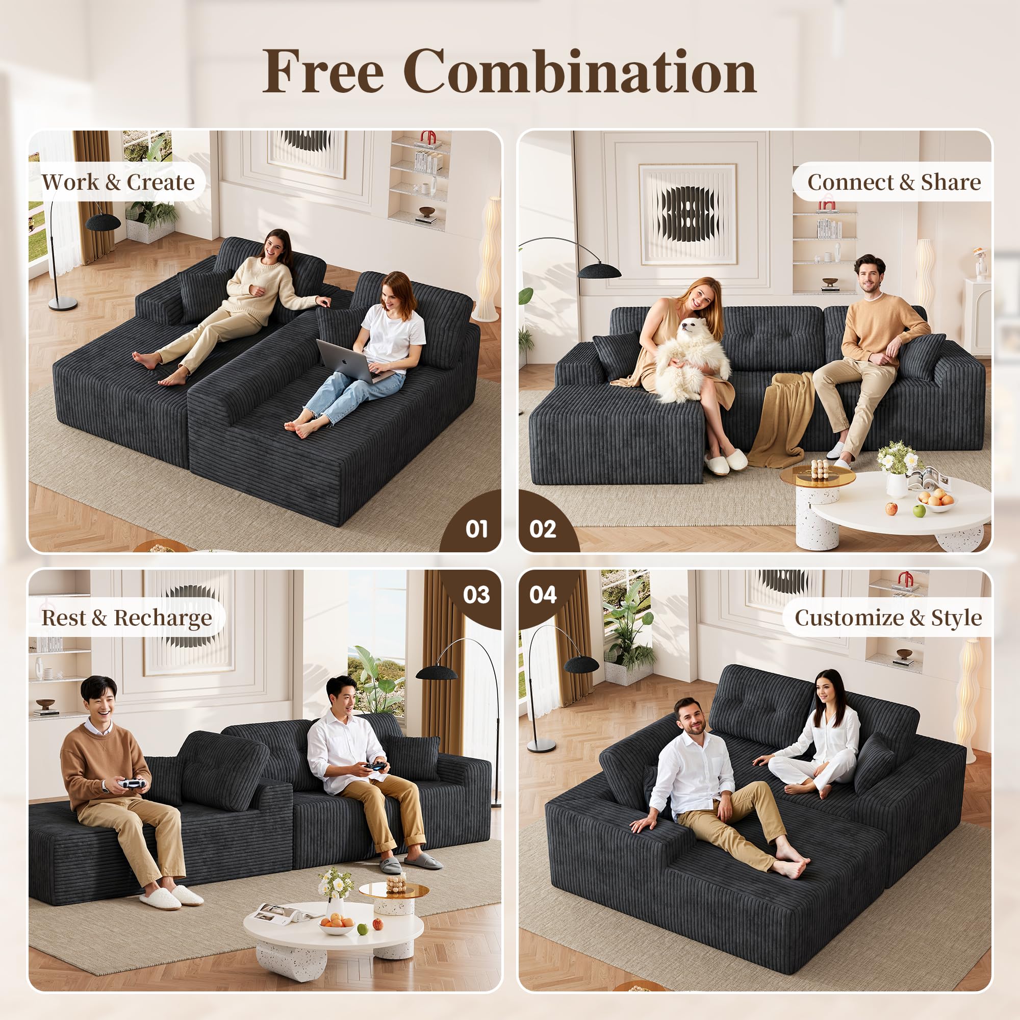 Ball & Cast 106" Boneless Sectional Sofa, Corduroy Modular L Shaped Couch with Deep Seat Chaise, Cloud Style Oversized Sofa for Living Room, No Assembly, Left Facing, Grey