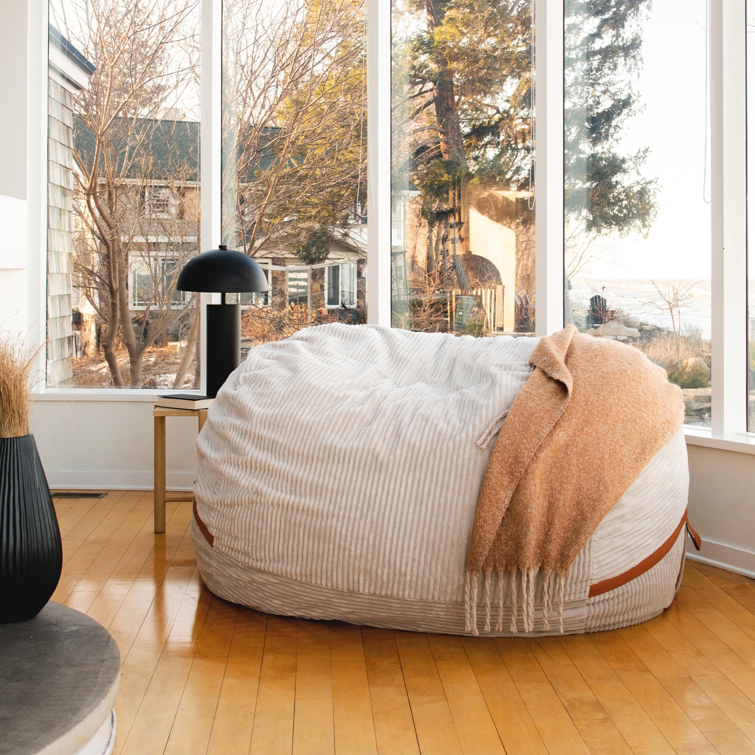 Big Joe Fuf 8Ft Giant Foam Bean Bag Chair, Oversized Couch with Removable Cover for Kids, Teens, Adults, Vanilla Latte Corded Plush, 8 Foot
