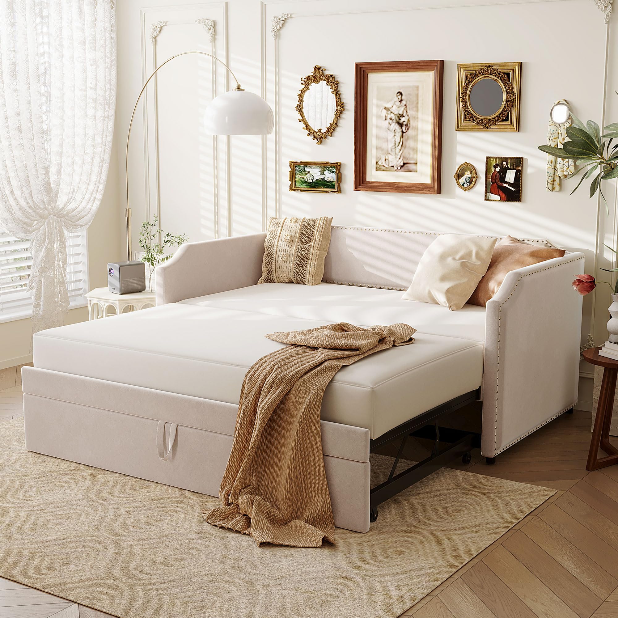 Merax Velvet Upholstered Daybed with Pop Up Trundle Twin to King Desigin, Twin Size Extendable Sofa Bed, Easy Assembly,No Box Spring Needed, Beige