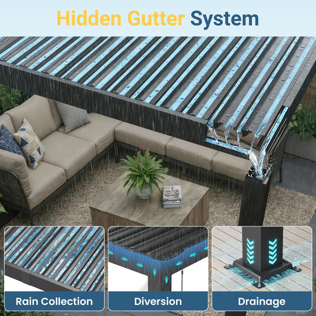 12' x 16' Louvered Pergola, Metal Outdoor Pergola with Adjustable Louvered Roof & Gutter System, Hardtop Patio Gazebo for Backyard, Deck, Garden, Dark Gray