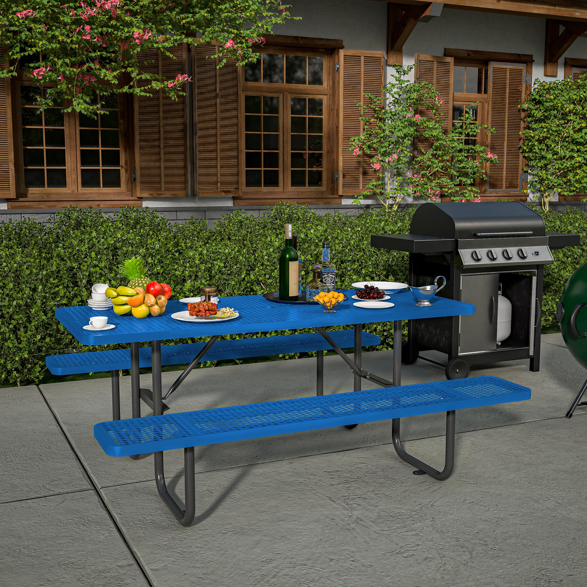 Dvasovio 72'' Rectangular Metal Picnic Table with 1.73" Umbrella Hole, Heavy Duty Steel Mesh Table Set, Weather Resistant Sturdy Outdoor Furniture, for Patio, Garden, Courtyard & BBQ, Blue
