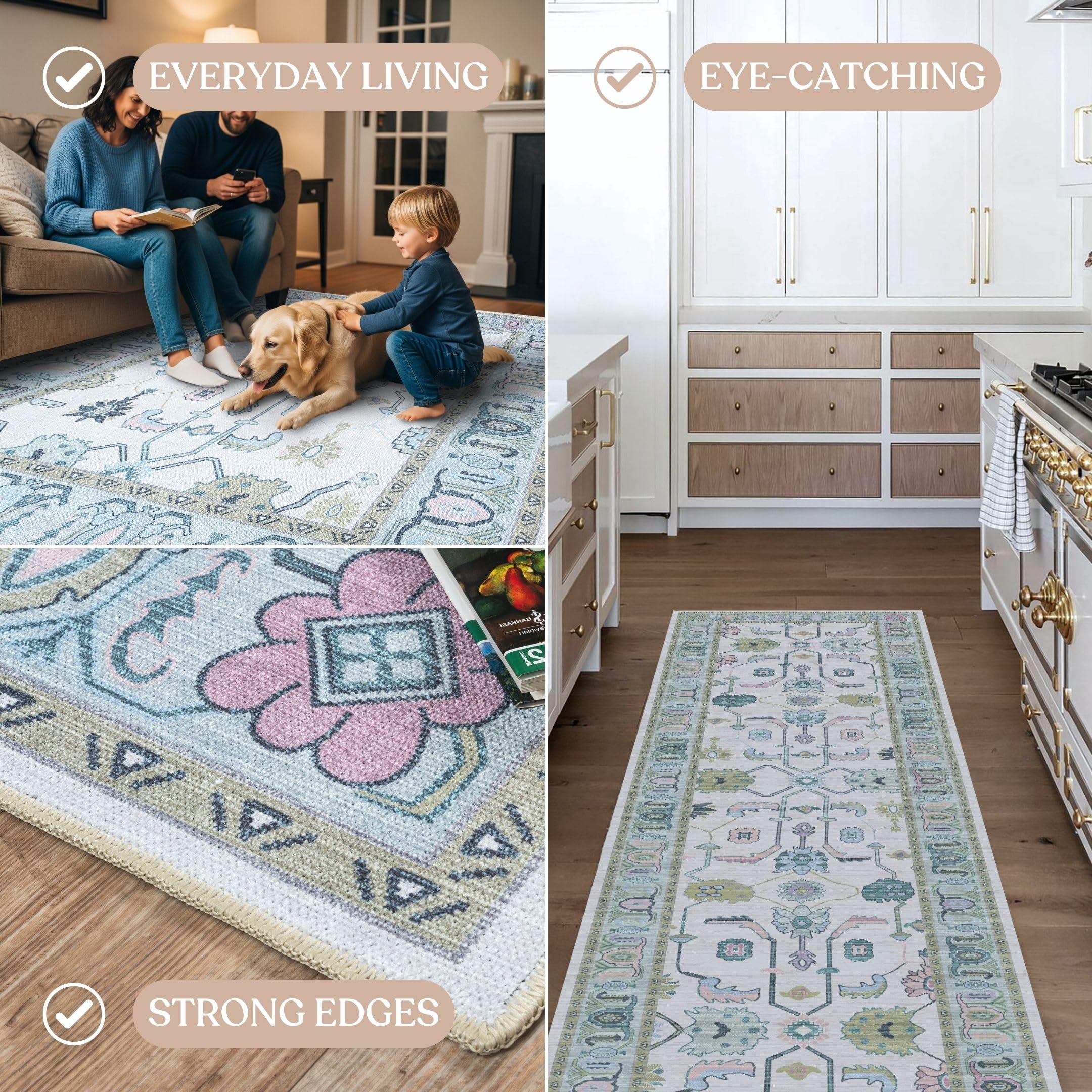 Fame Living Cream Green Oushak Rug, Modern, Vintage, Turkish, Eclectic, Floral, Pastel, Washable, Large Area Rugs for Living Room, Dining, Bedroom, Girls, Boys, 7'5"x9'8"