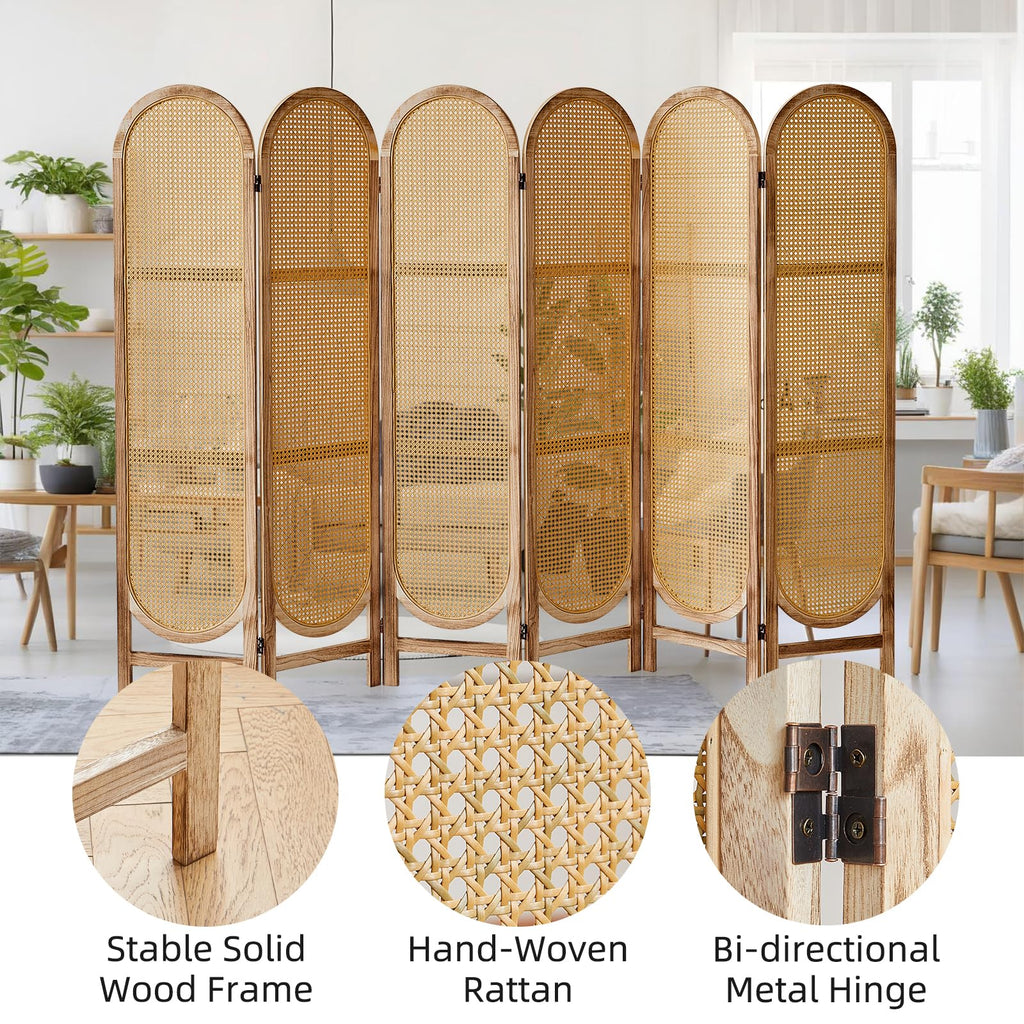 Asnefeli 6 Panels Room Divider, Foldable Wooden Room Divider, Individual Privacy Screen Made of Hand-Woven Rattan, Portable Wall Divider for Home Office Bedroom Bathroom Dressing Room (Natural)