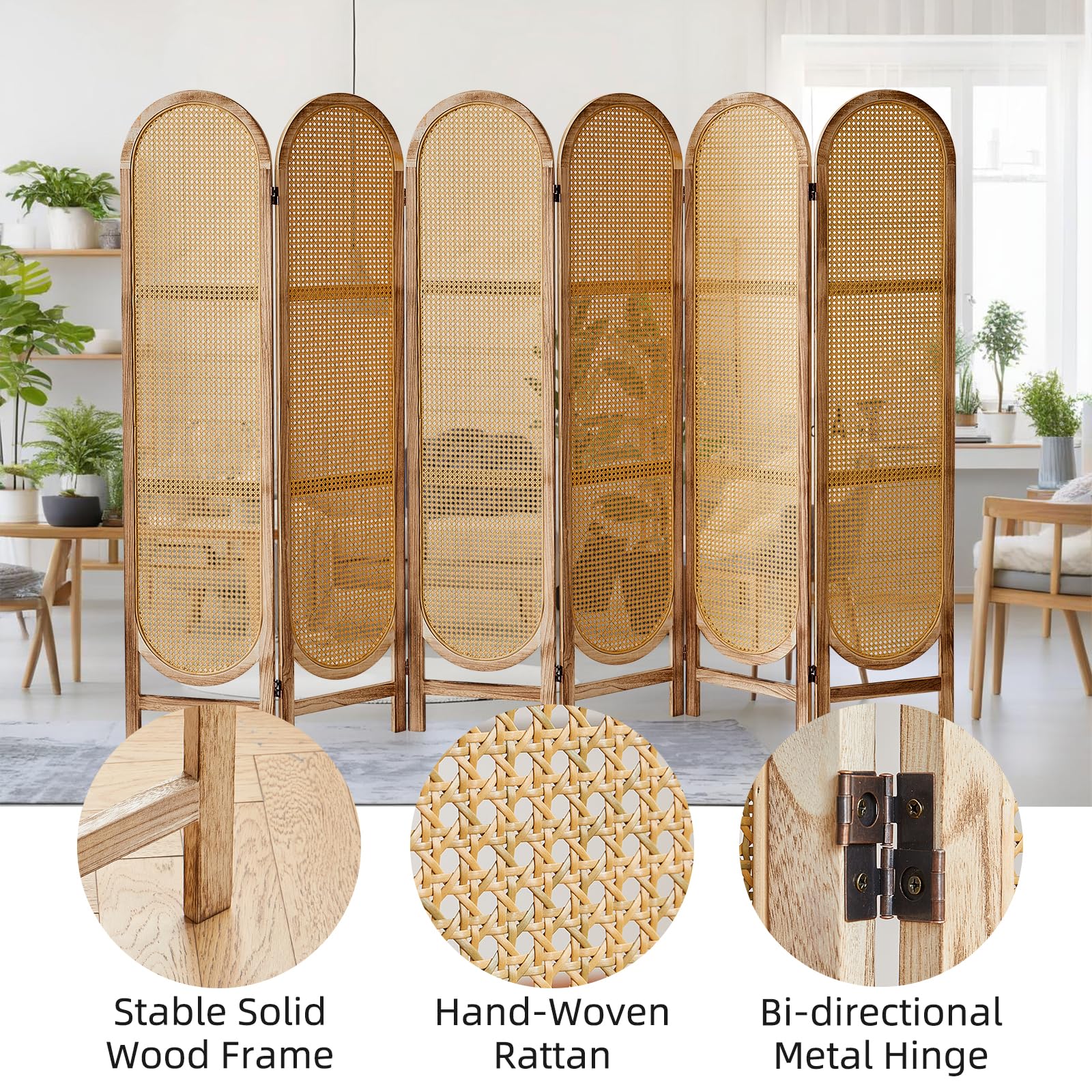 Asnefeli 6 Panels Room Divider, Foldable Wooden Room Divider, Individual Privacy Screen Made of Hand-Woven Rattan, Portable Wall Divider for Home Office Bedroom Bathroom Dressing Room (Natural)