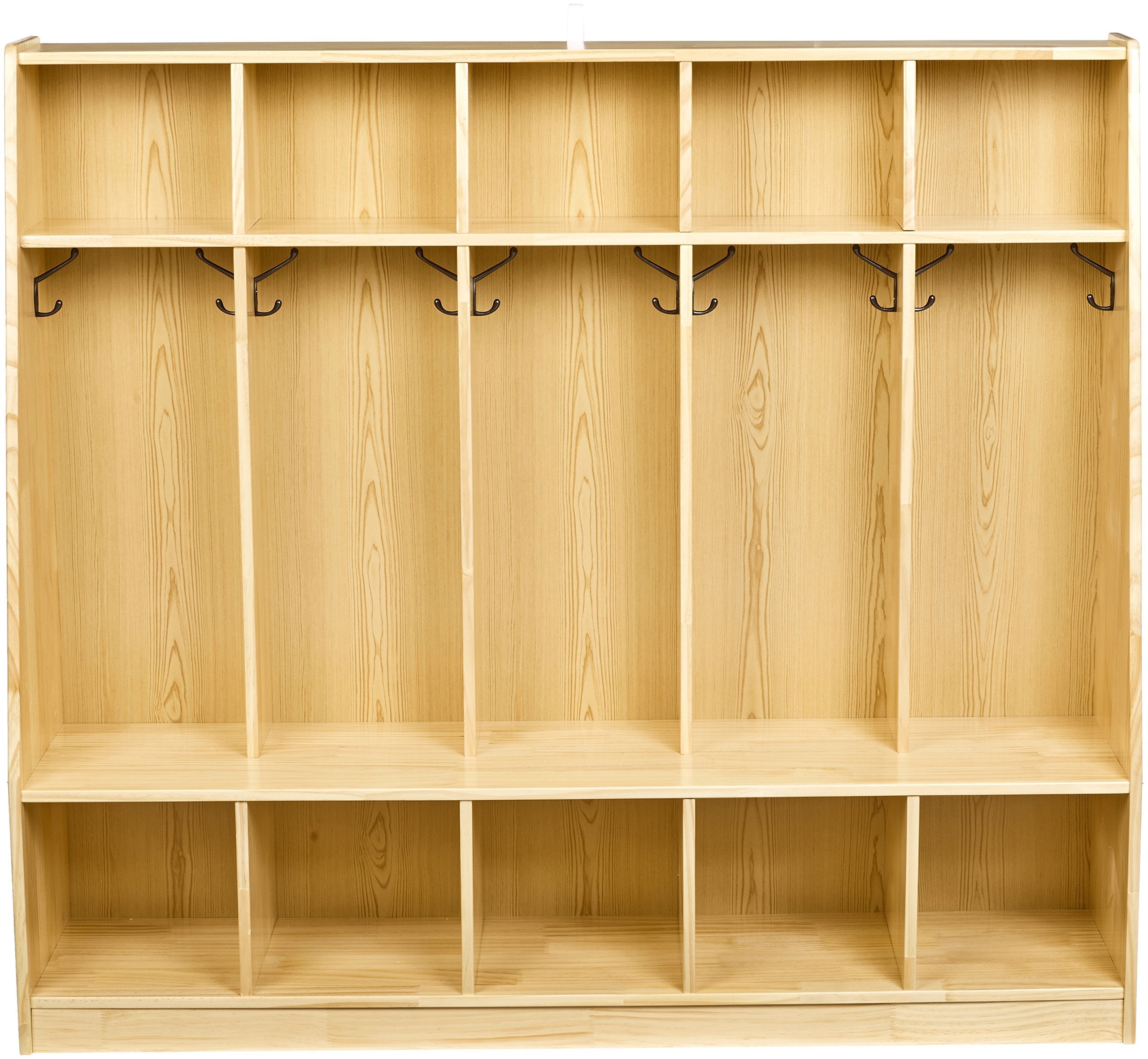 Amazon Basics Coat Locker, 5-Section with Bench, Daycare Classroom Furniture, Backpack Storage, 13"D x 54"W x 48"H, Natural Finish, Solid Pine Wood, Mudroom Furniture with Hooks for Home