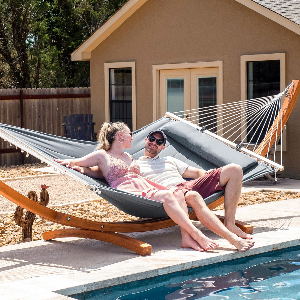 SUNCREAT Hammocks Double Hammock with Wooden Stand Included, Outdoor Hammocks for Outside, 475 lbs Capacity, Dark Gray