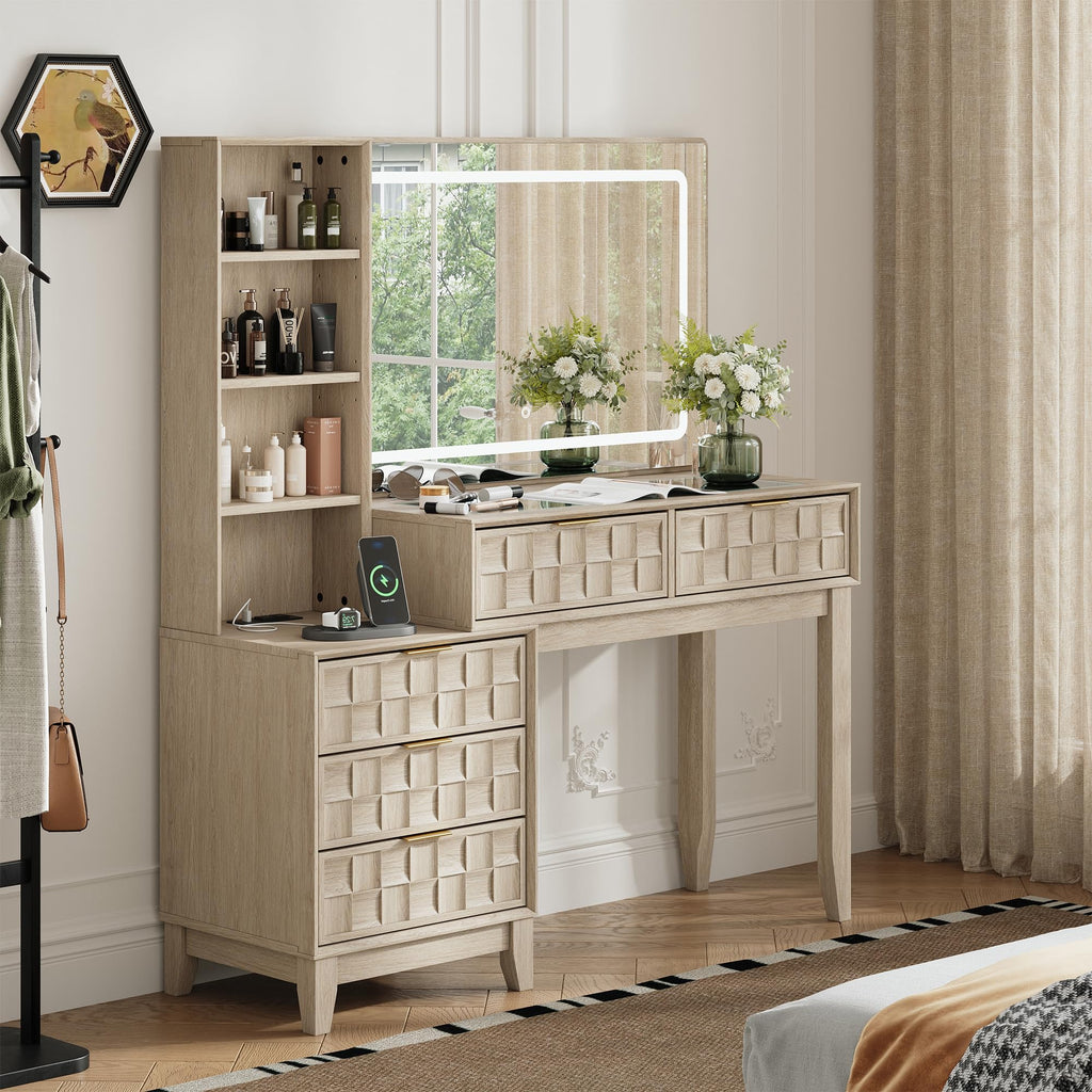 MALOL Vanity Desk, Checkerboard Wood 50" Dressing Table with 5 Drawers & 4 Storage Shelves, Large Glass Top Makeup Vanity with Built-in Power Strip with USB & Type-C, Oak Wood