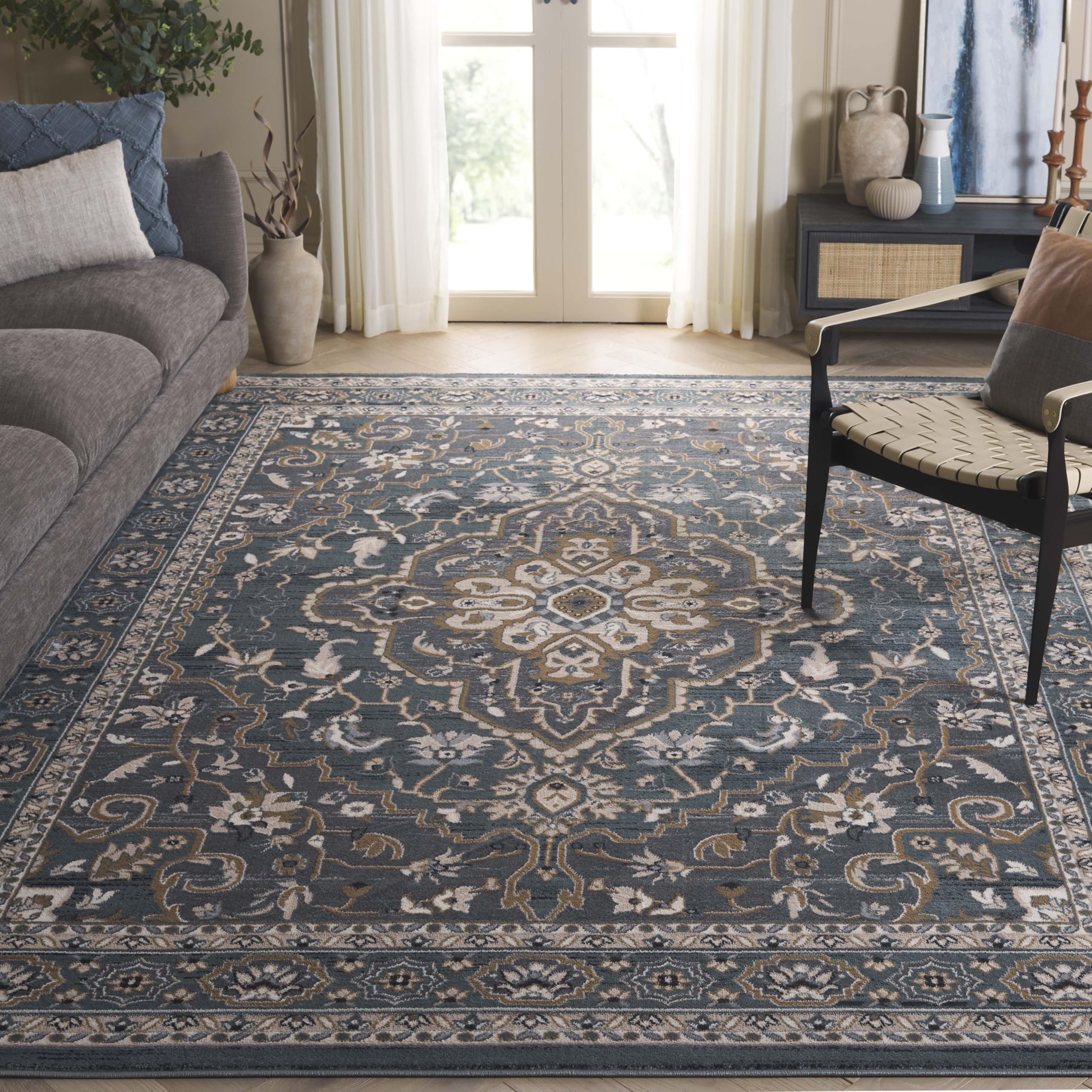 SAFAVIEH Lyndhurst Collection Area Rug - 9' x 12', Teal & Grey, Traditional Oriental Design, Non-Shedding & Easy Care, Ideal for High Traffic Areas in Living Room, Bedroom (LNH338A)