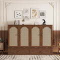 PVWIIK Queen Size Murphy Bed Cabinet with Power Station & Large Drawer for Bedroom,Pine Wood Folding Chest Bed with Rattan Panel, Space-Saving Wall Bed, Walnut