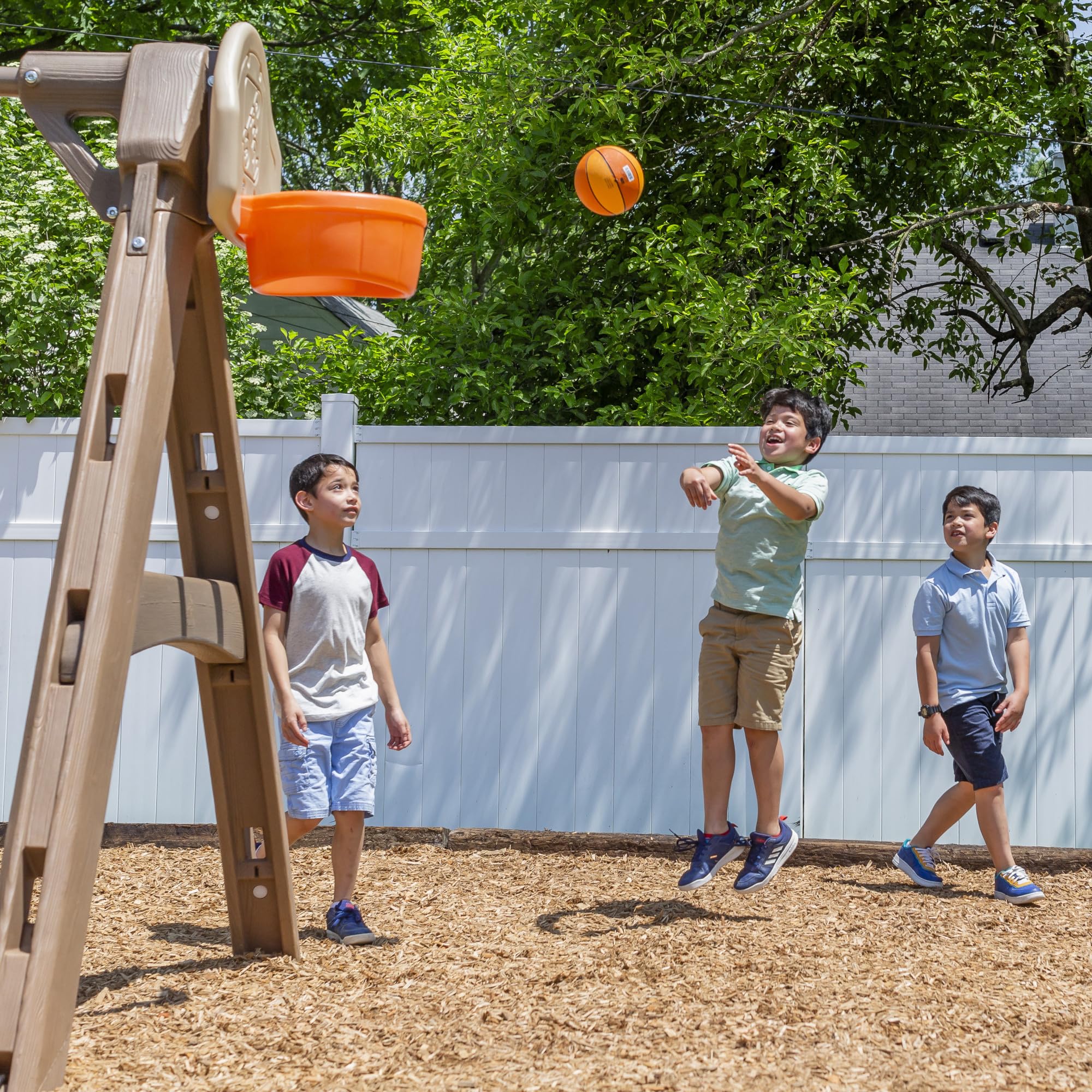 Step2 Naturally Playful Adventure Lodge Play Center with Glider, Kids Outdoor Playset, Two Tier Backyard Playground Set, Slide, Swings, Rope Ladder, Basketball Hoop, Jungle Gym, Children 3-8 Years Old