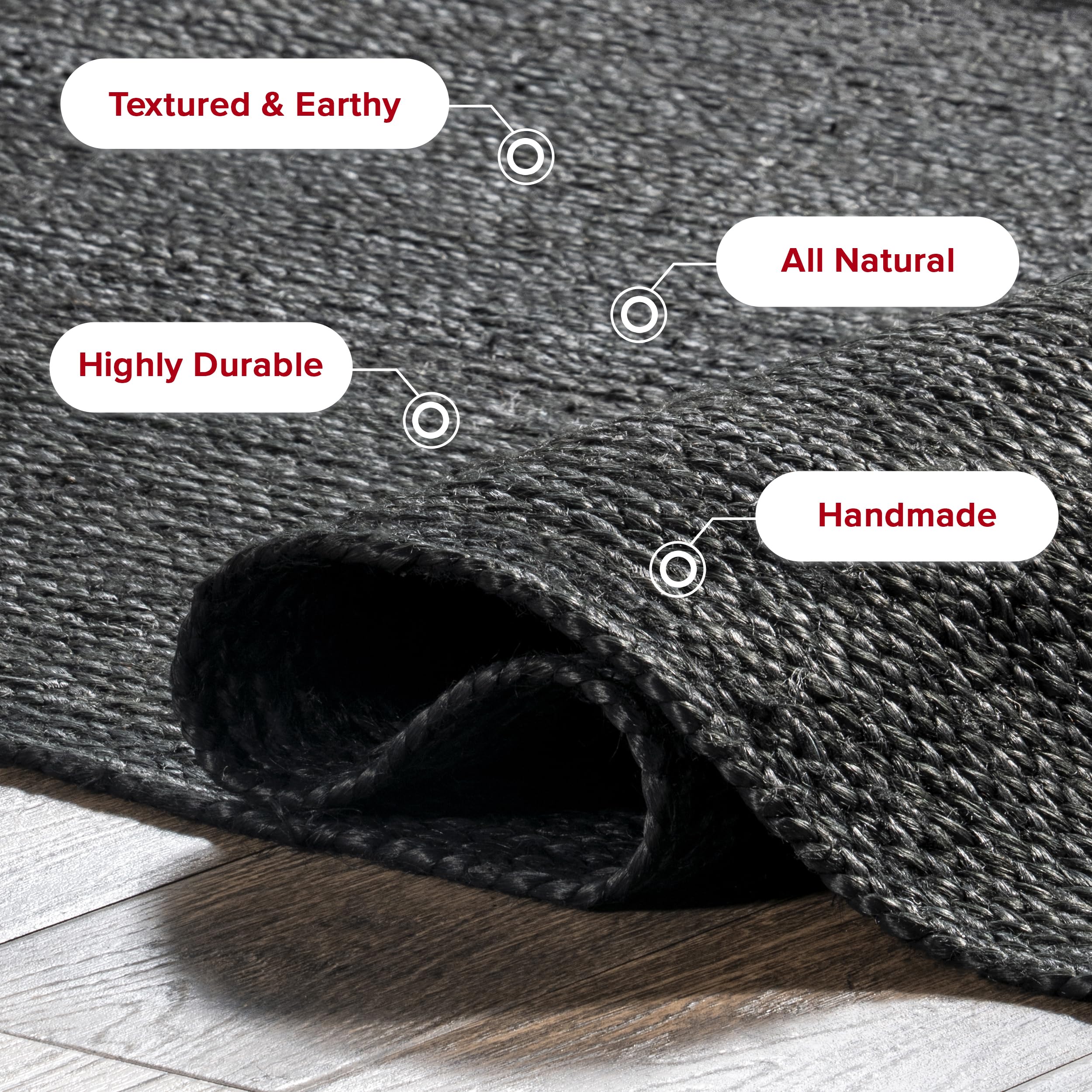 nuLOOM 9x12 Rigo Jute Hand Woven Area Rug, Black, Solid Farmhouse Design, Natural Fiber, For Bedroom, Living Room, Dining Room, Hallway, Office, Kitchen, Entryway