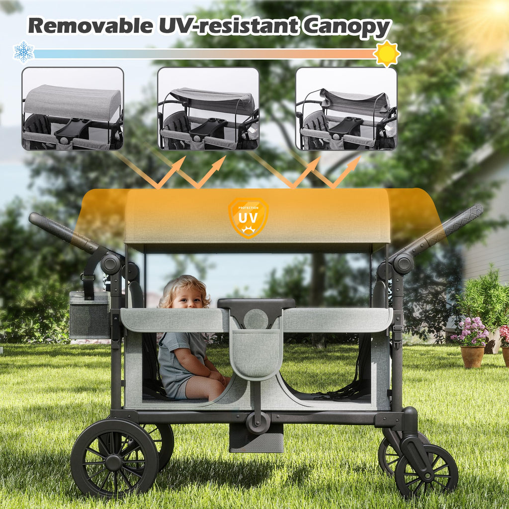 TOLEAD Wagon Stroller for 4 Kids, Foldable 4 Seats Outdoor Stroller Wagon with Canopy, Adjustable Handlebars, 5-Point Safety Harness, Detachable Tray, Portable Bag (Grey)
