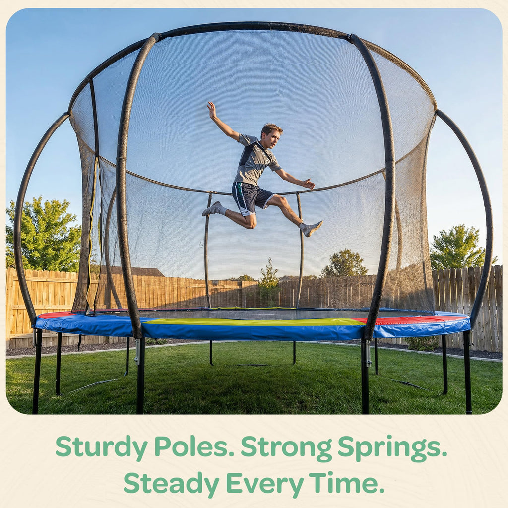 JoyBerri Trampoline Outdoor - Upsurge ASTM Certified Safe 8Ft 10Ft 12Ft 14Ft 15Ft 16Ft Recreational Trampoline for Kids and Adults. Anti-Rust Coating with Enclosure Net, Ladder, Sprinkler & LED Lights