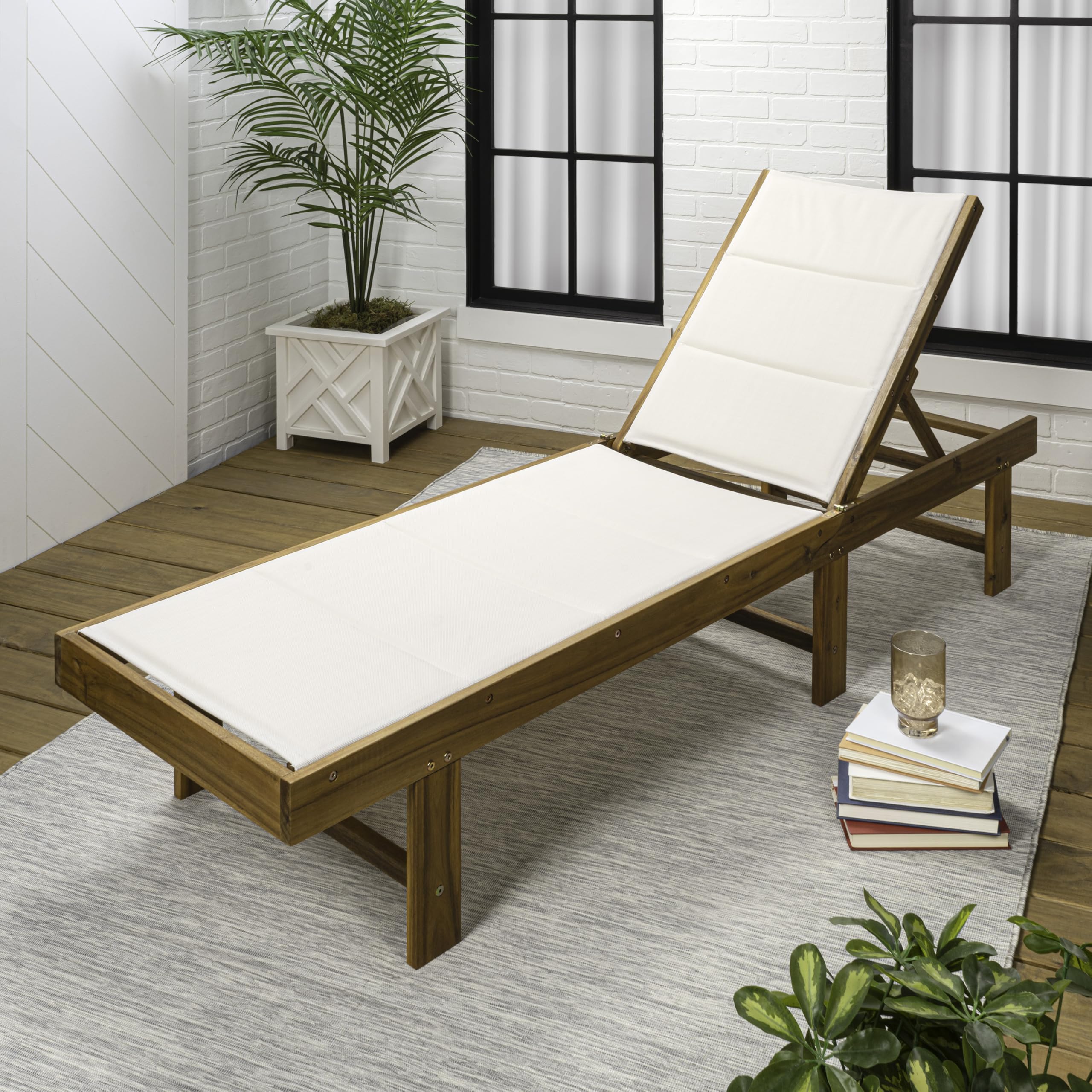 Eyely GNL1103A Quenyth 77.17"x26.38" Modern Minimalist Foldable Adjustable Wood Chaise Outdoor Lounge Chair, for Pool, Deck, Poolside, White/Natural
