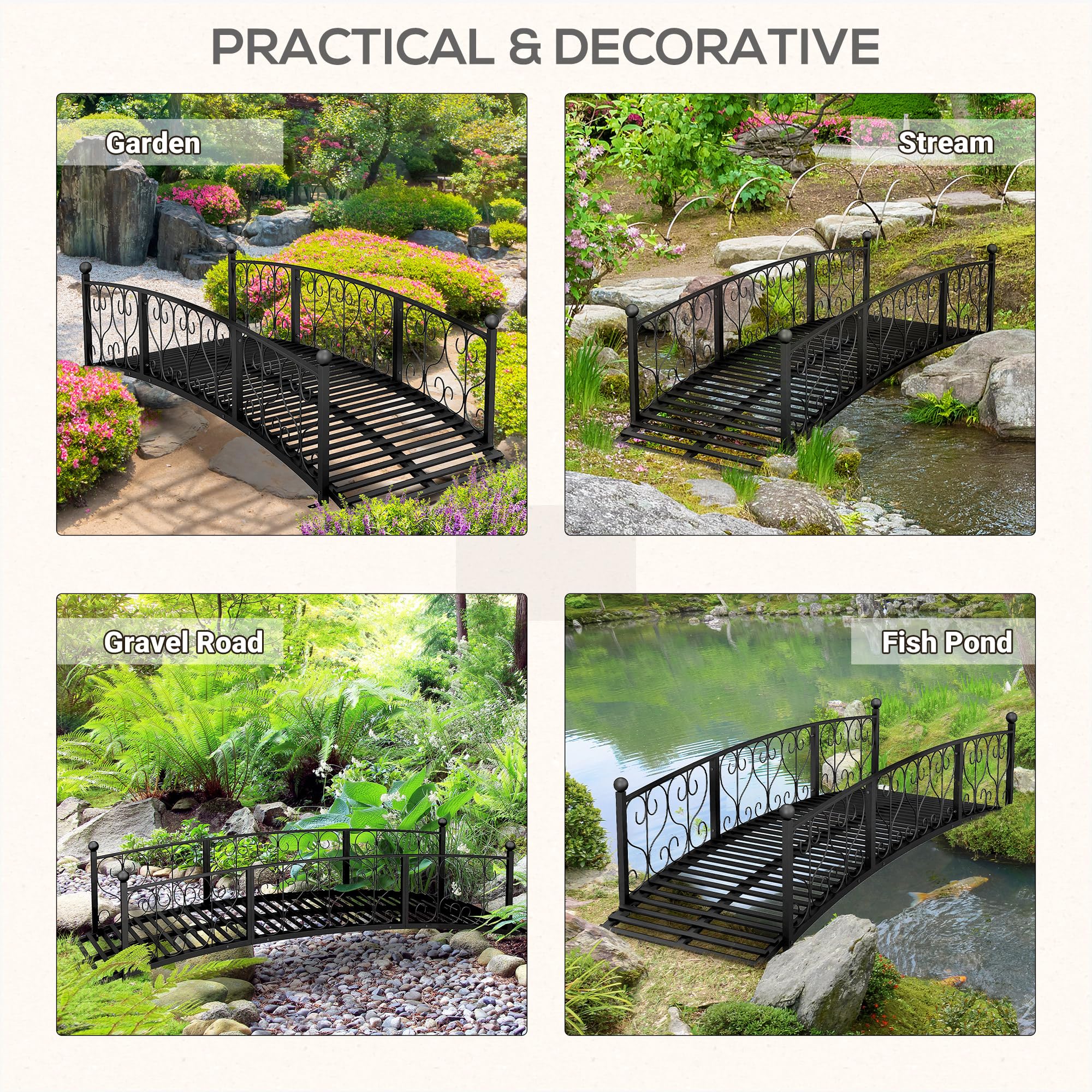 Outsunny 7' Metal Arch Garden Bridge with Safety Siderails, Decorative Arc Footbridge with Delicate Scrollwork S Motifs for Backyard Creek, Stream, Fish Pond, Black
