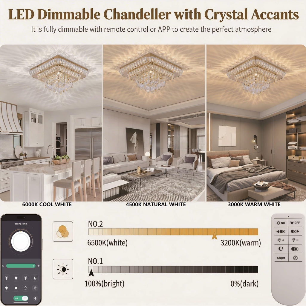 Miuyhji Elegant LED Crystal Raindrop Ceiling Light,24 Inch Square Gold Flush Mount Chandelier Light Fixture,Remote/APP, for Living Room Kitchen Dining Room Bedroom Hallway Entryway Foyer (Dimmable)