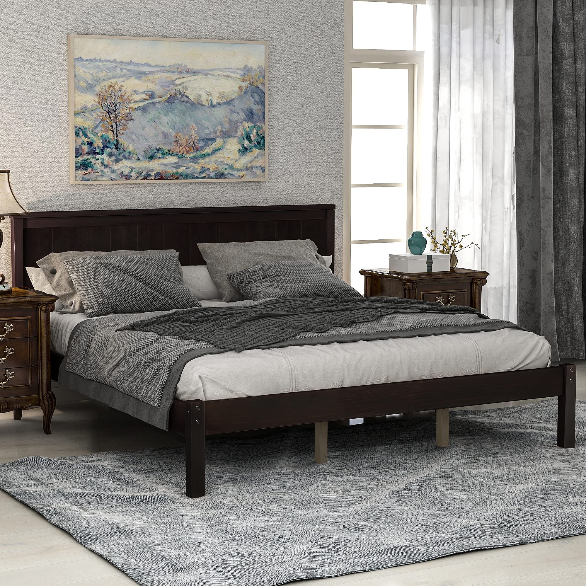 Jintop Queen Size Platform Bed Frame with Headboard,Bedroom Stylish Bed W/Wood Slat Support & No Box Spring Required,Easy to Assemble,for Kids Teens Girls Boys,Espresso