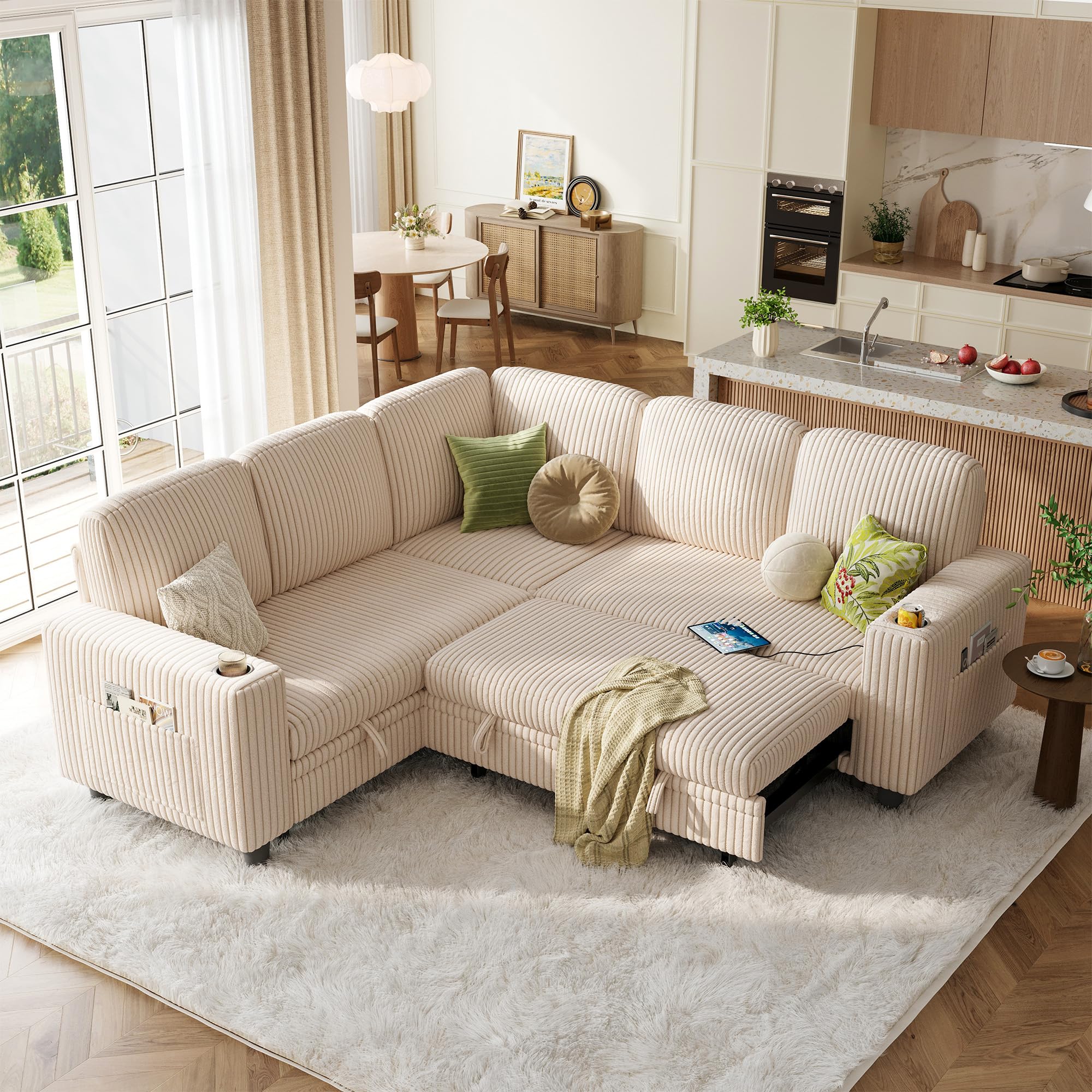 LINSY HOME Sectional Sleeper Sofa with Pull Out Couch Bed - Convertible Plush Corduroy Cloud Couch with Storage Chaise & USB Charging, Comfy L Shaped Modular Couches for Living Room Apartment, Beige