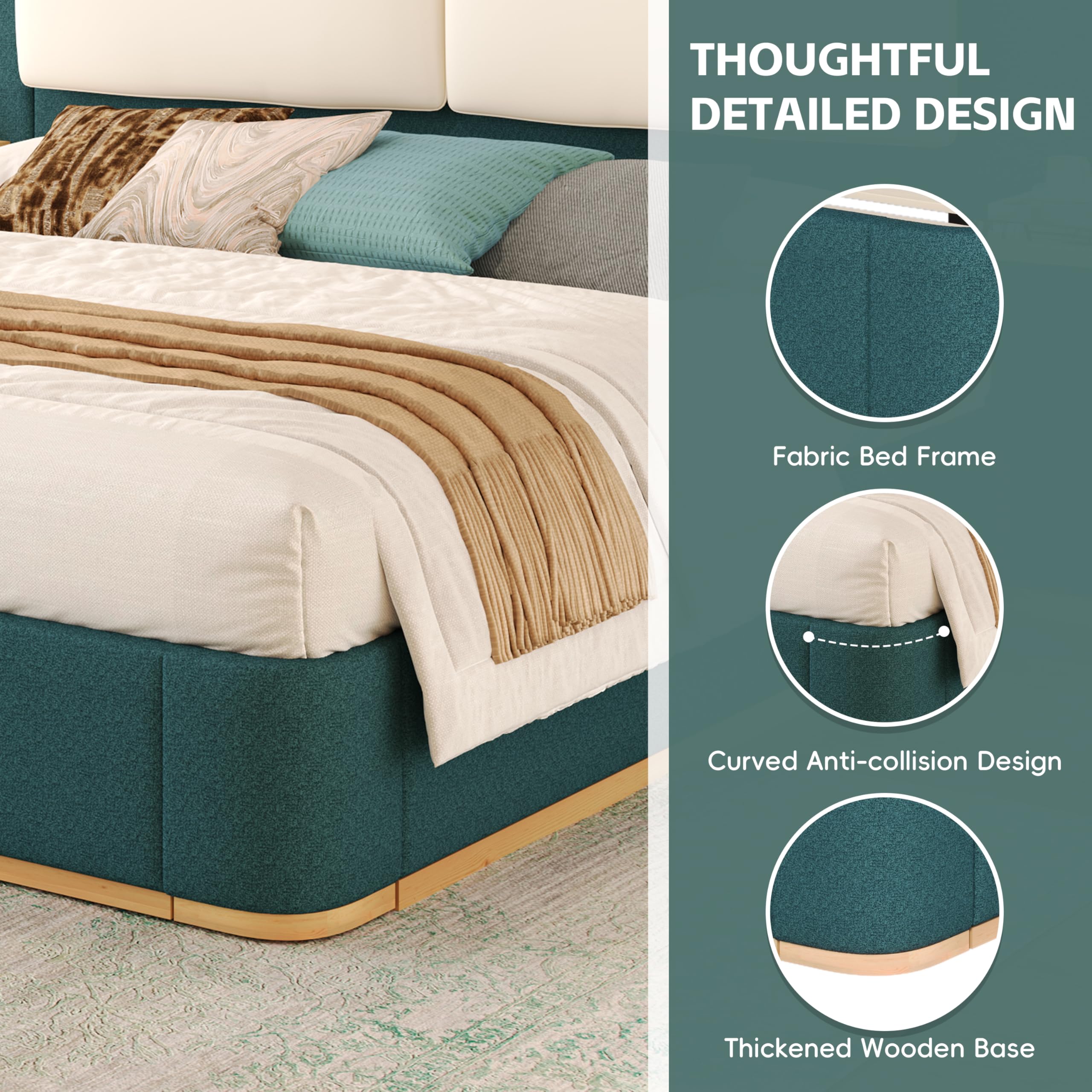 Merax Queen Size Upholstered Platform Bed Frame with Large PU Leather Headboard and Bothside Shelves, Modern Bedroom Furniture & Solid Wood Slats Support, No Box Spring Needed, Easy Assembly, Green