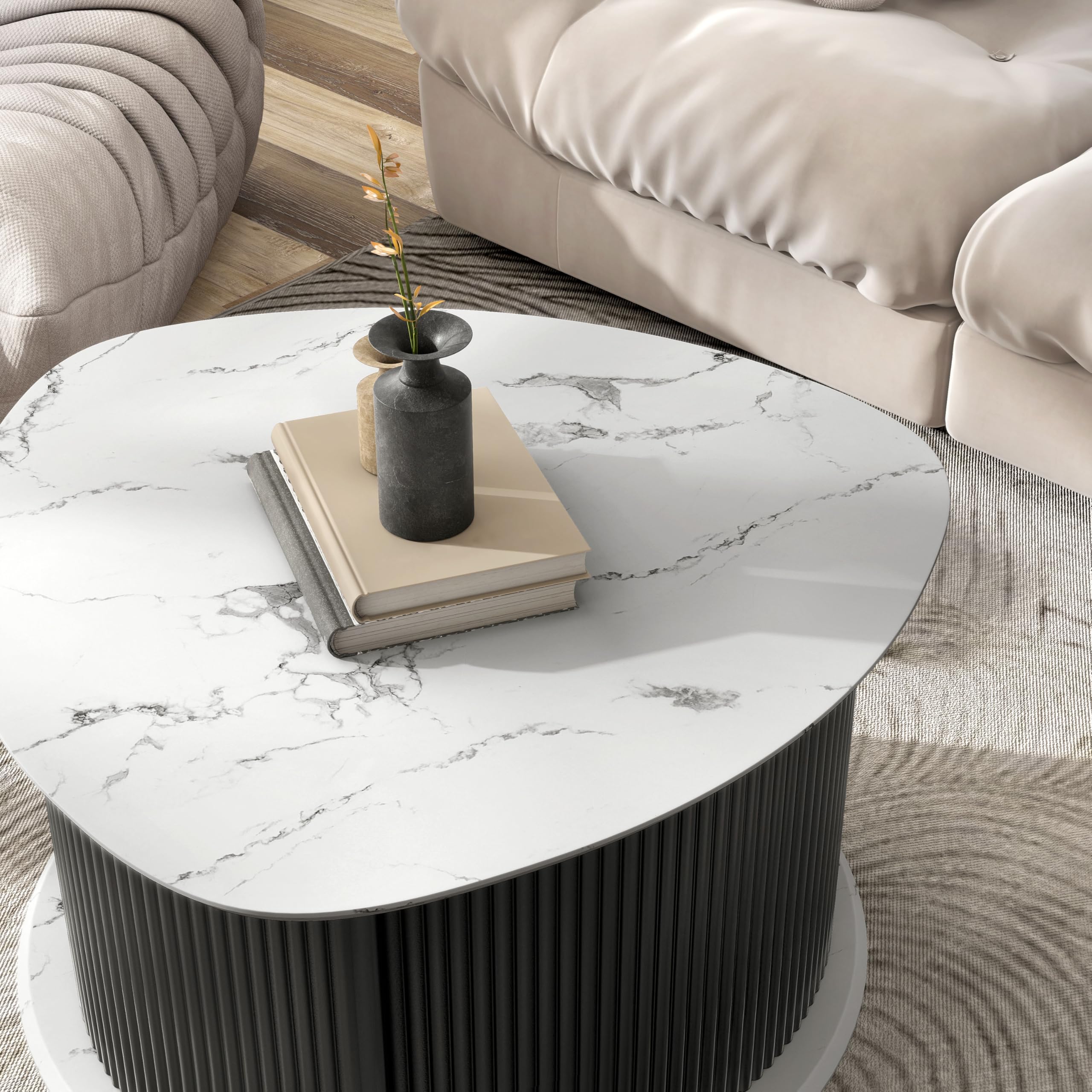 HOMES: Inside + Out Elara Modern 29-inch Triangle Coffee Table with Marble Tabletop, Fluted Iron Pedestal Base and Hidden Storage for Small Space, Living Room, Home Office, Black