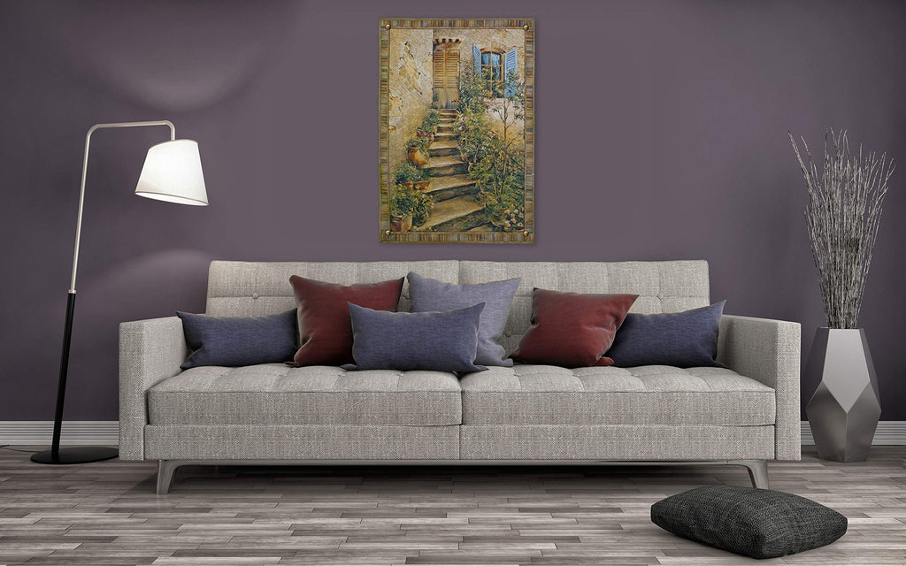 Tuscan Villa II by Roger Duvall | Woven Tapestry Wall Art Hanging | Rustic Italian Village Steps | 100% Cotton USA Size 53x75